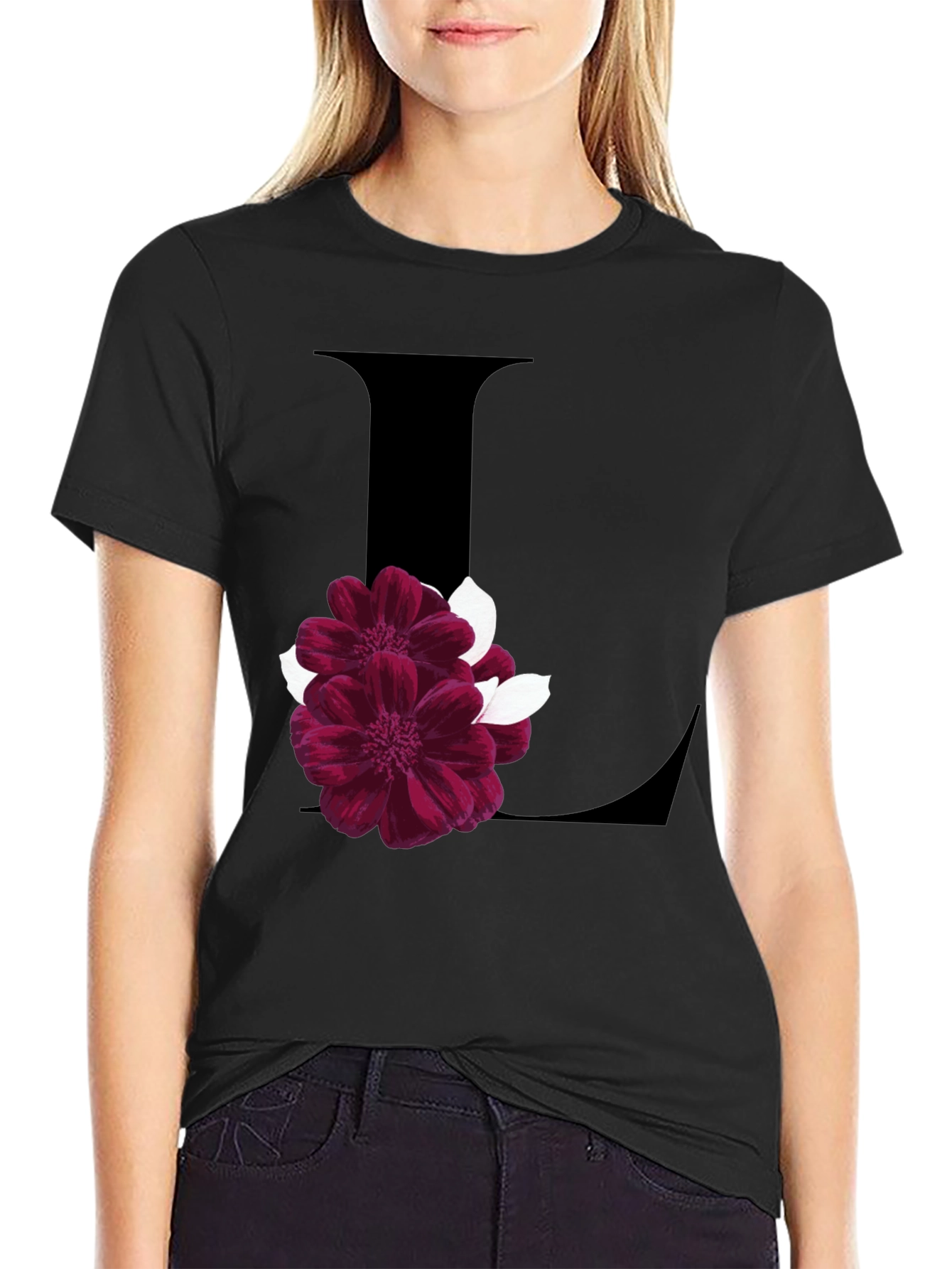 Black Floral Letter L Black T-Shirt view 2