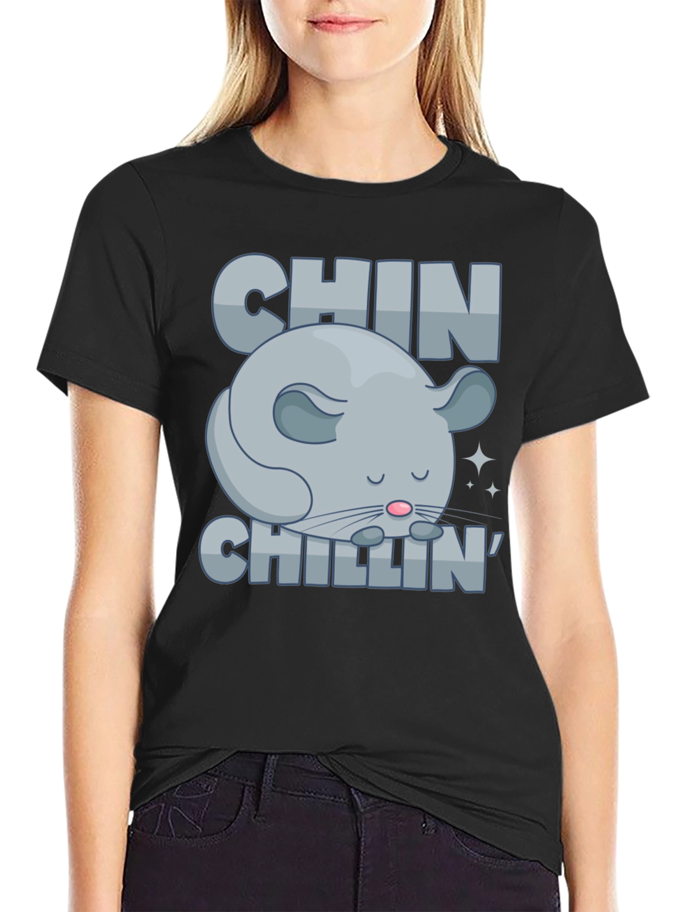 Black Chin Chillin' T-Shirt, Funny Chinchilla Graphic Tee view 2