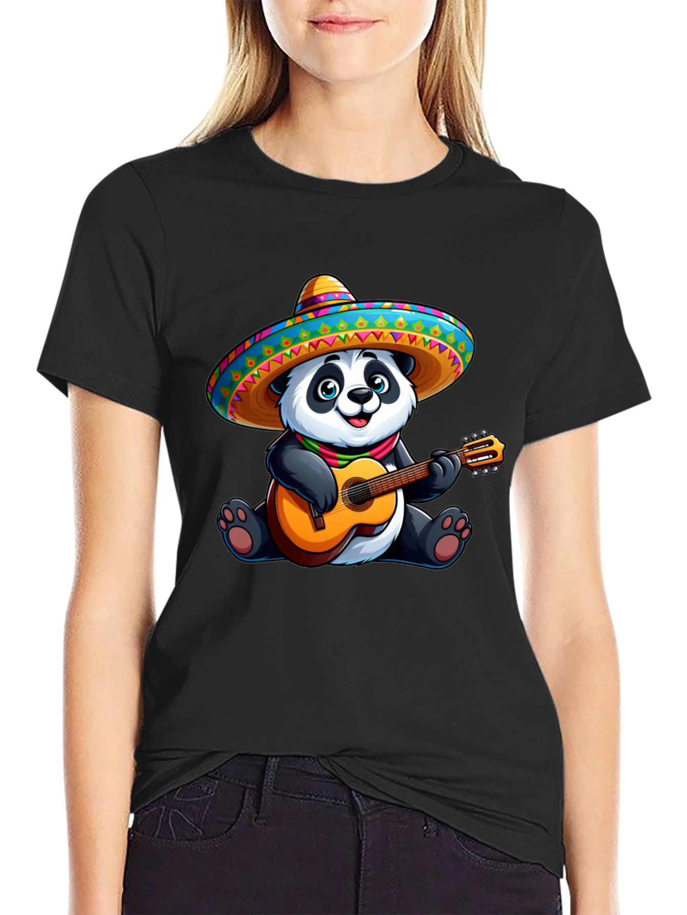 Black Panda Guitarist Graphic Tee - Black Cotton T-Shirt view 2