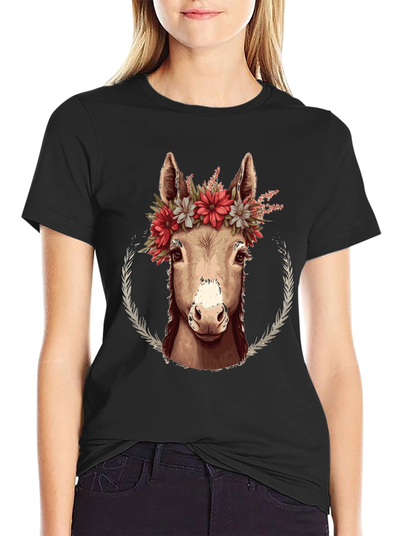 Black Donkey Floral Wreath Graphic Tee - Cute Animal Lover Shirt view 2