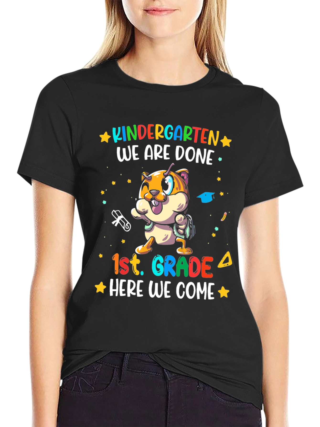 Black Kindergarten Done 1st Grade Here We Come T-Shirt view 2