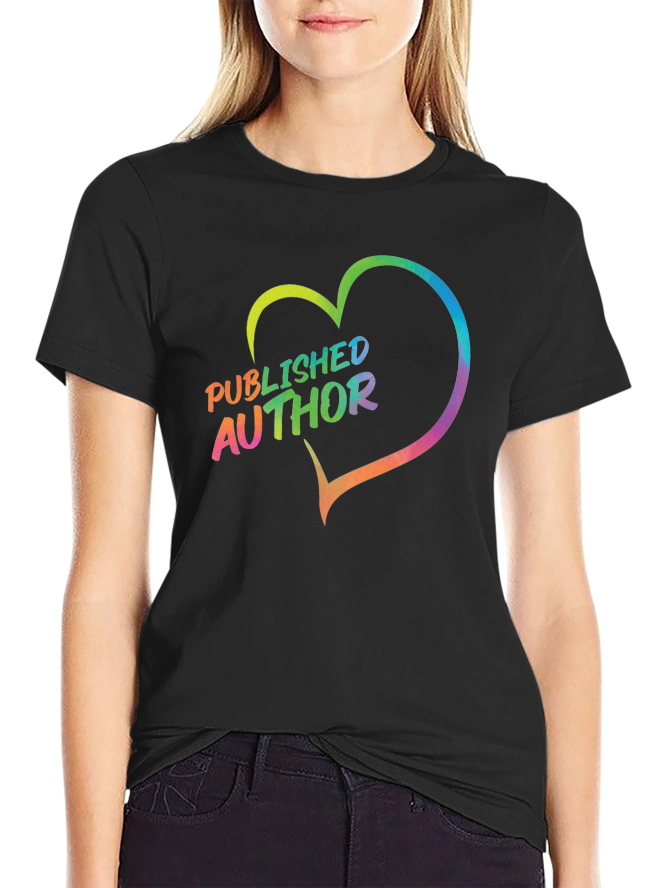 Black Published Author Rainbow Heart T-Shirt view 2