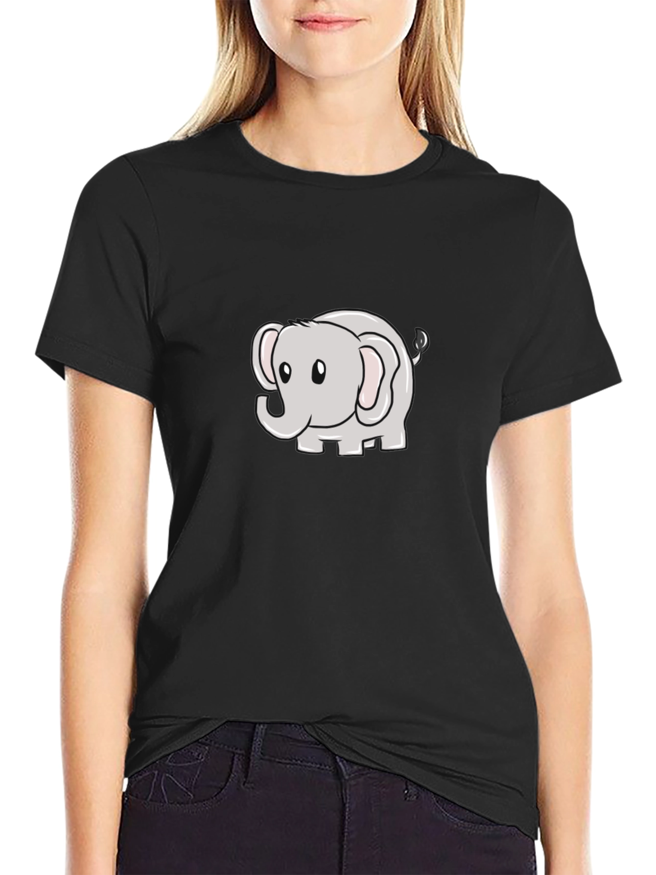 Black Cute Elephant Cartoon Black T-Shirt view 2