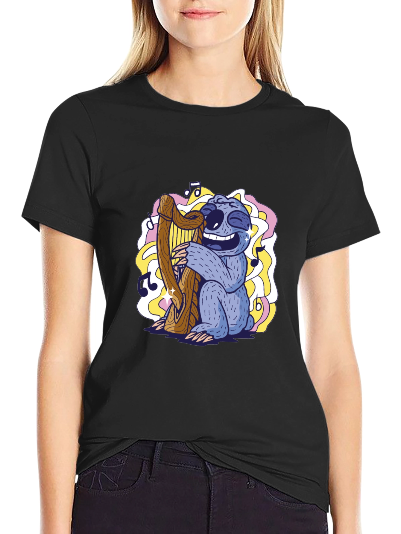 Black Sloth Harpist Graphic Tee - Fun Music Lover's Shirt view 2