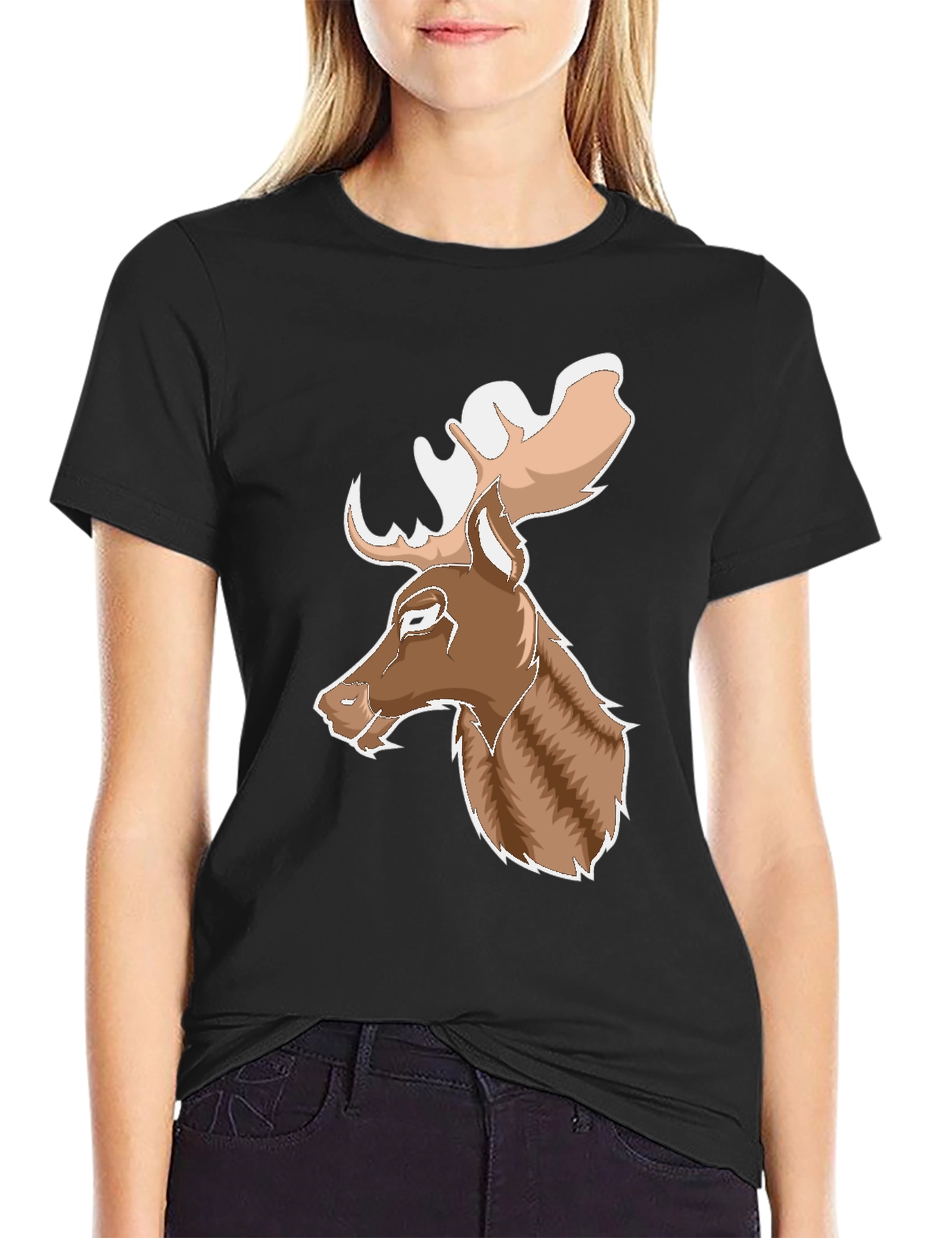 Black Moose Graphic Print T-Shirt - Black, Casual view 2