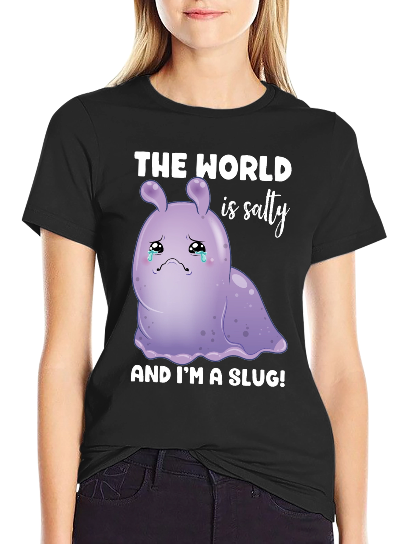 Black Salty Slug Graphic Tee - Sad Cartoon T-Shirt view 2