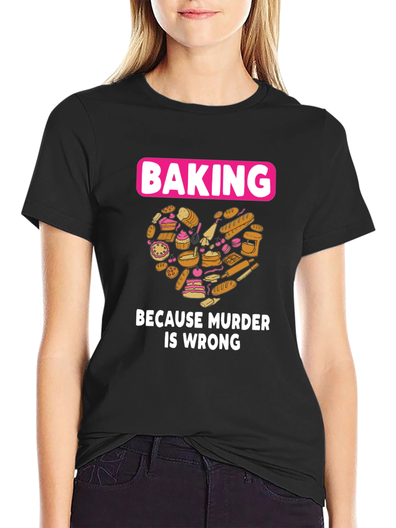 Black Baking Because Murder Is Wrong Graphic T-Shirt view 2