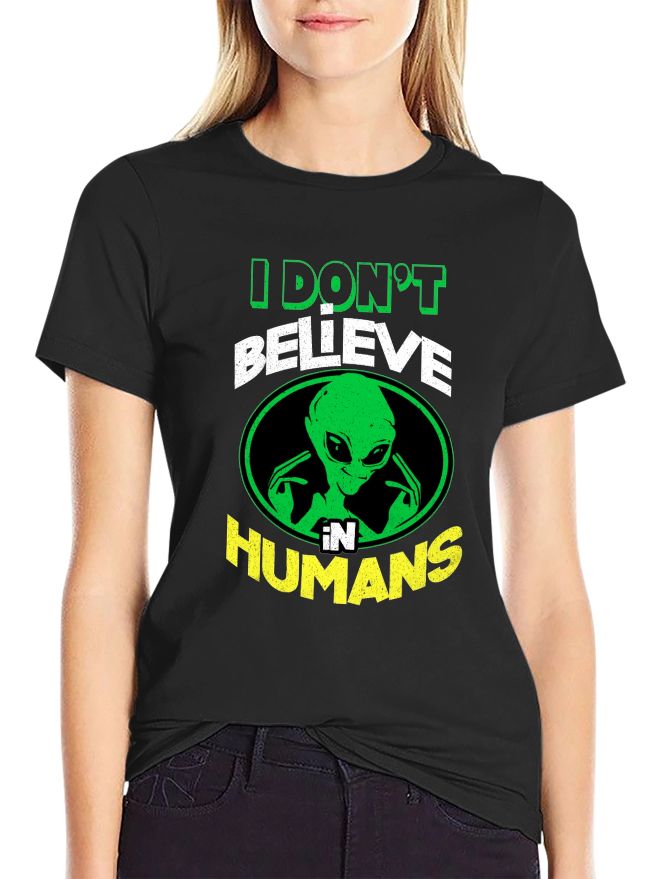 Black I Don't Believe in Humans Alien Graphic T-Shirt view 2