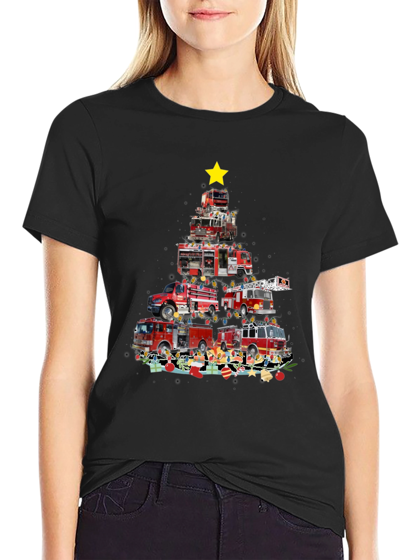 Black Firetruck Christmas Tree Graphic Tee view 2