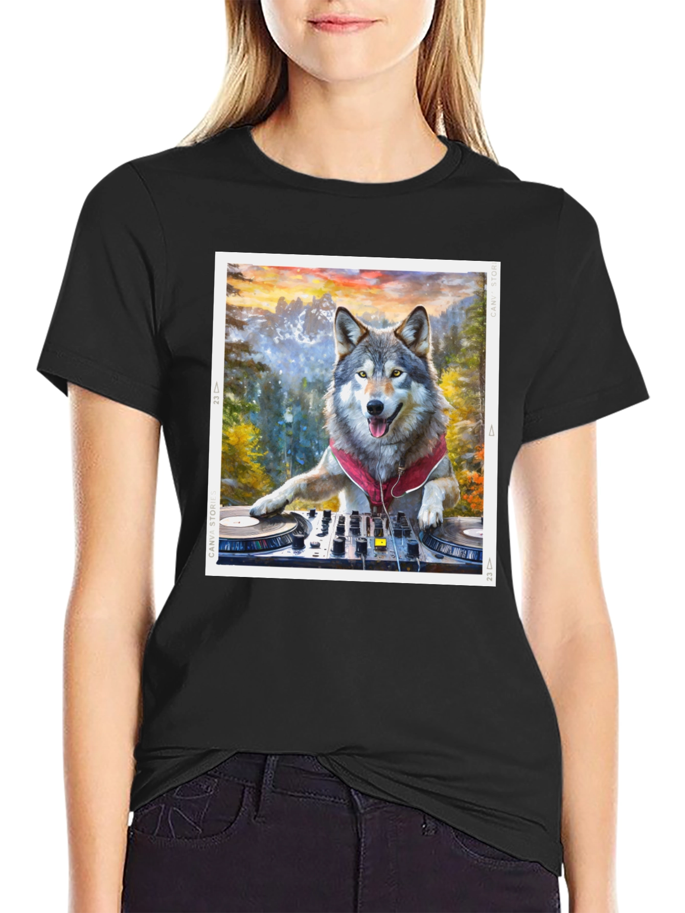 Black DJ Wolf Graphic Tee - Music Lover's T-Shirt view 2