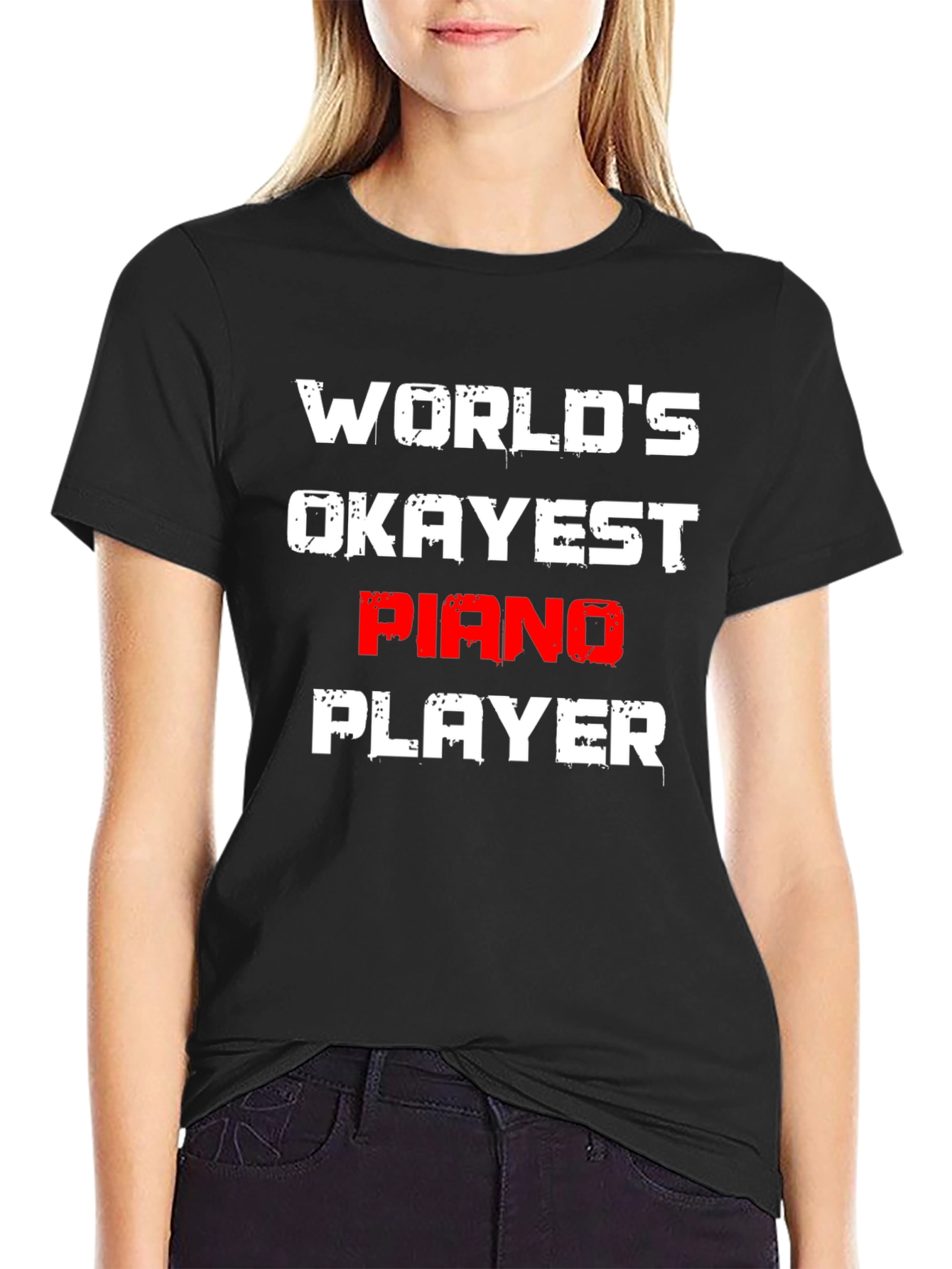 Black World's Okayest Piano Player T-Shirt view 2