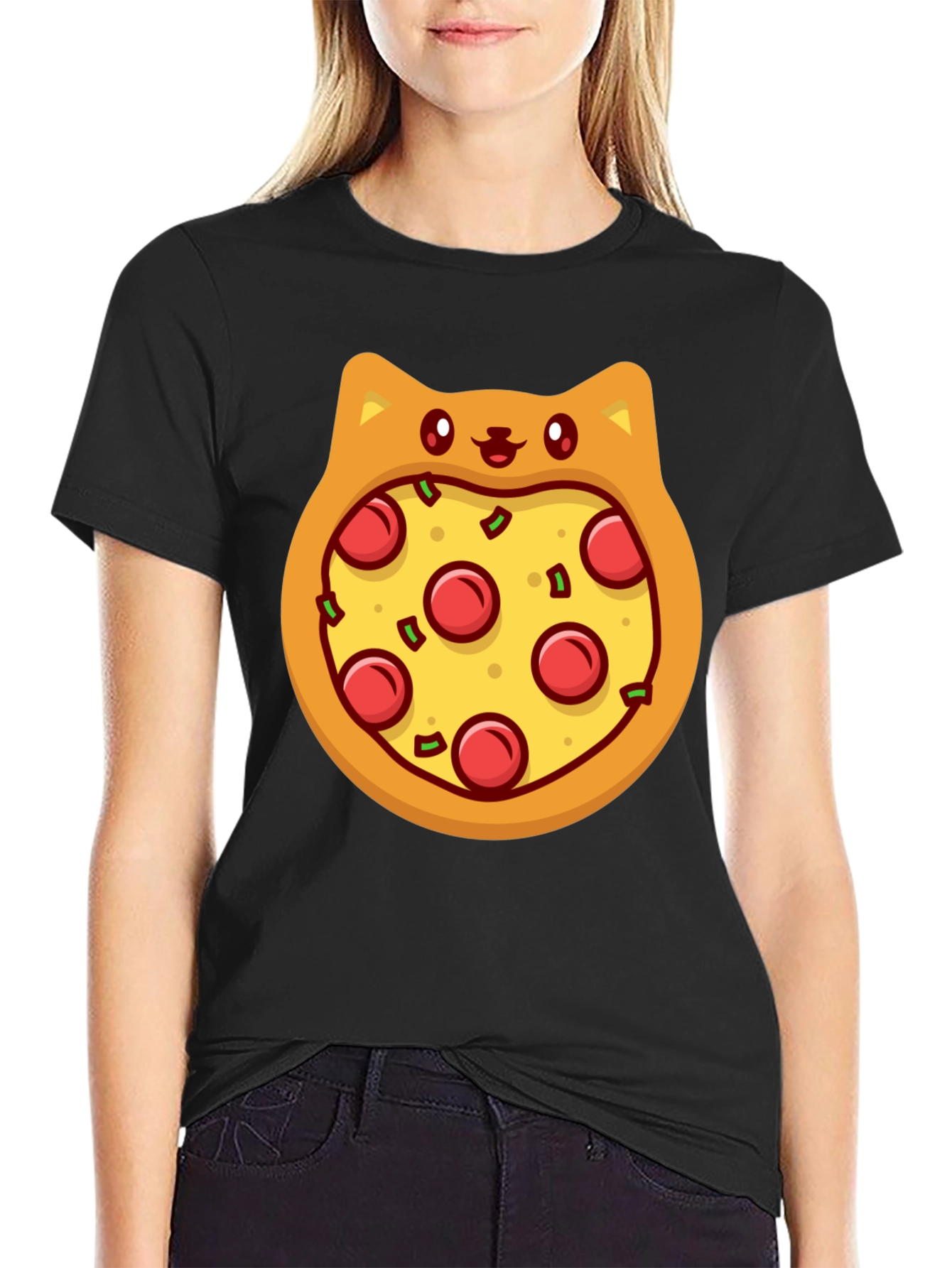 Black Pizza Cat T-Shirt - Novelty Graphic Tee view 2