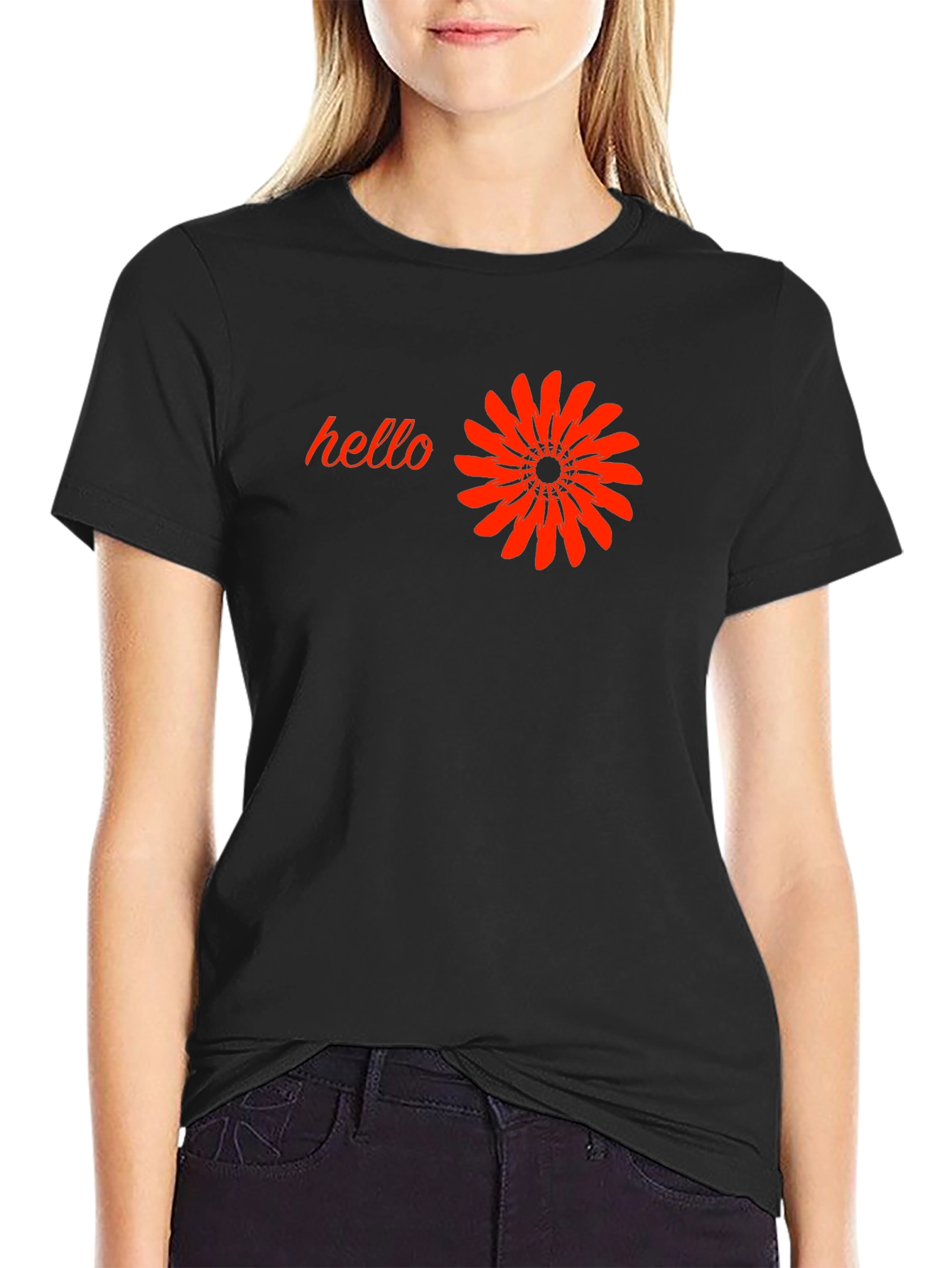 Black Black T-Shirt with 'Hello' and Flower Design view 2