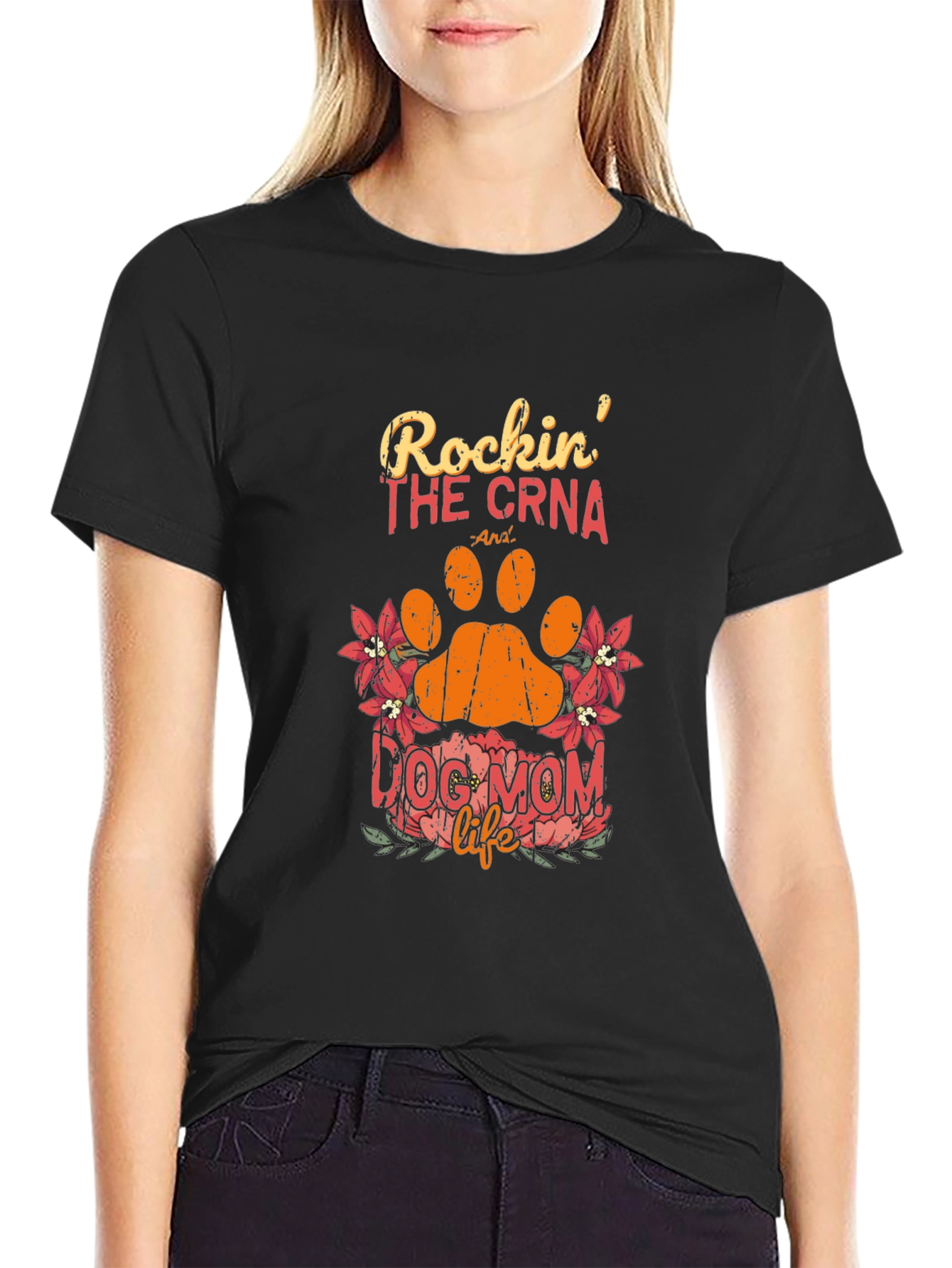Black Rockin' The CRNA Dog Mom Life Black T-Shirt view 2