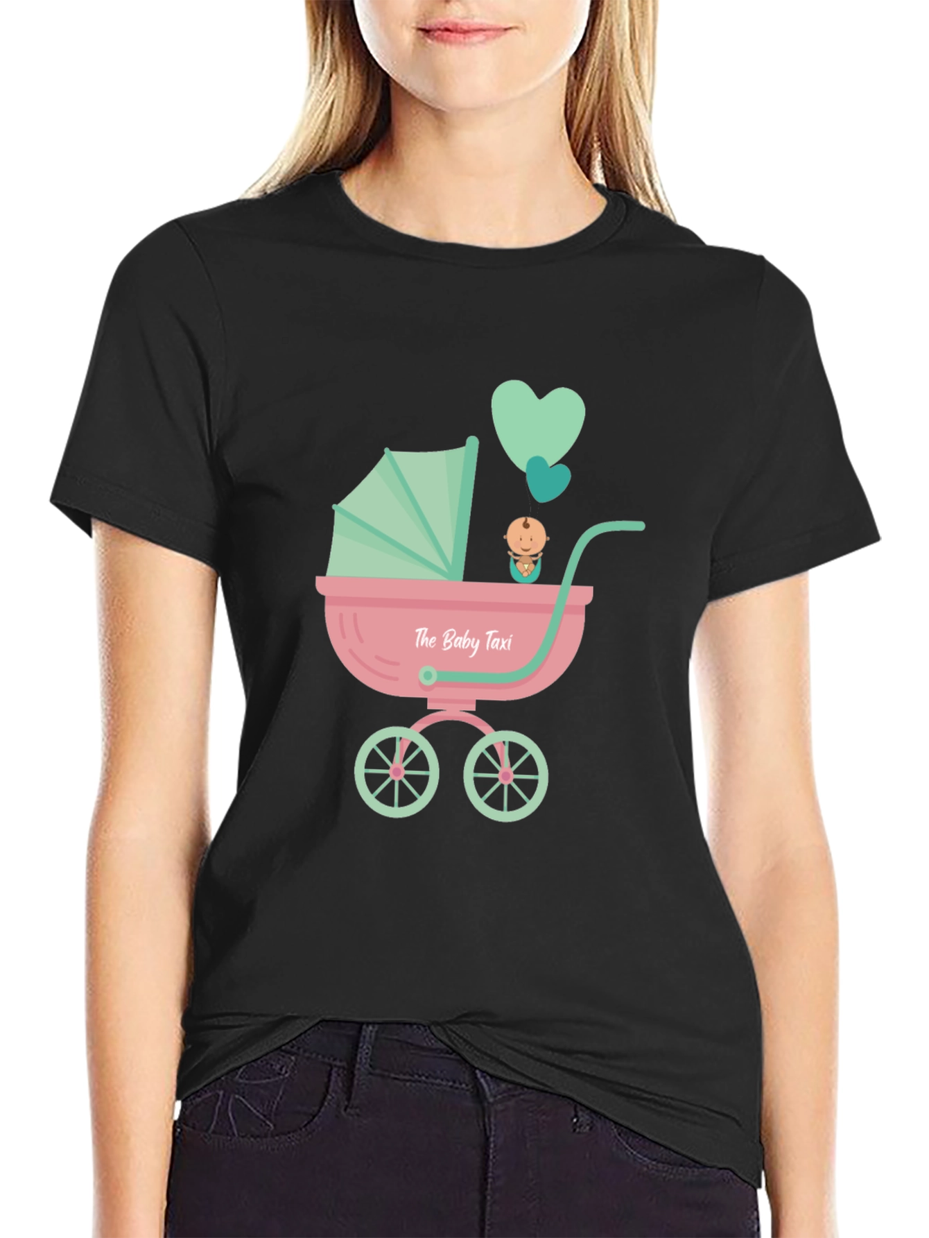 Black The Baby Taxi T-Shirt - Cute Stroller Design view 2