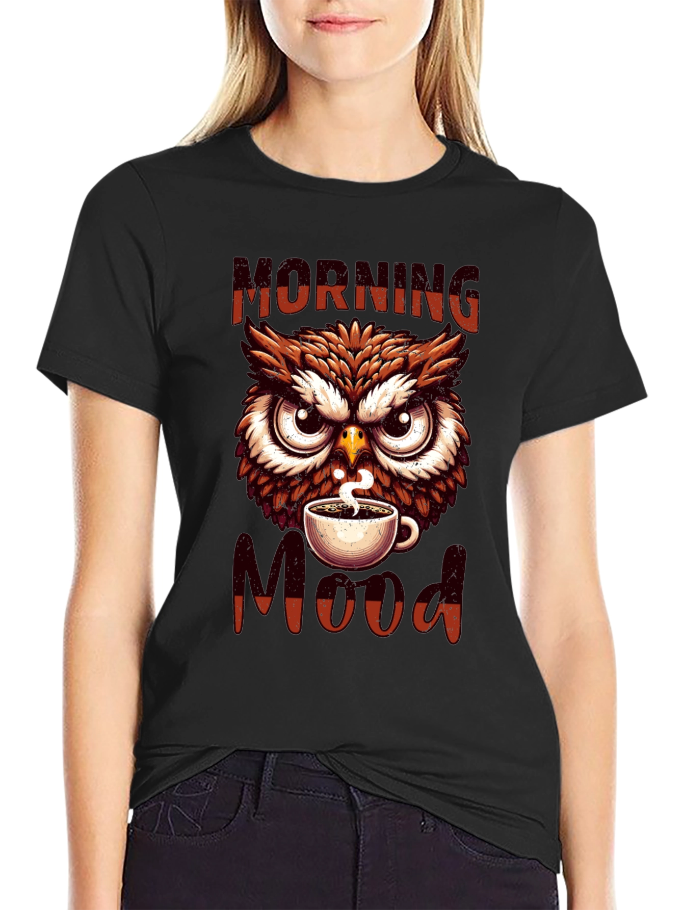 Black Morning Mood Owl T-Shirt - Coffee Lover Apparel view 2