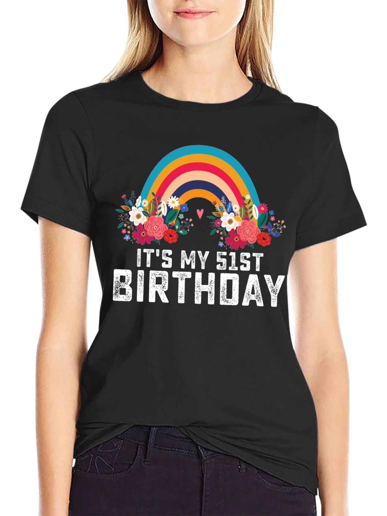 Black It's My 51st Birthday Rainbow Floral T-Shirt view 2