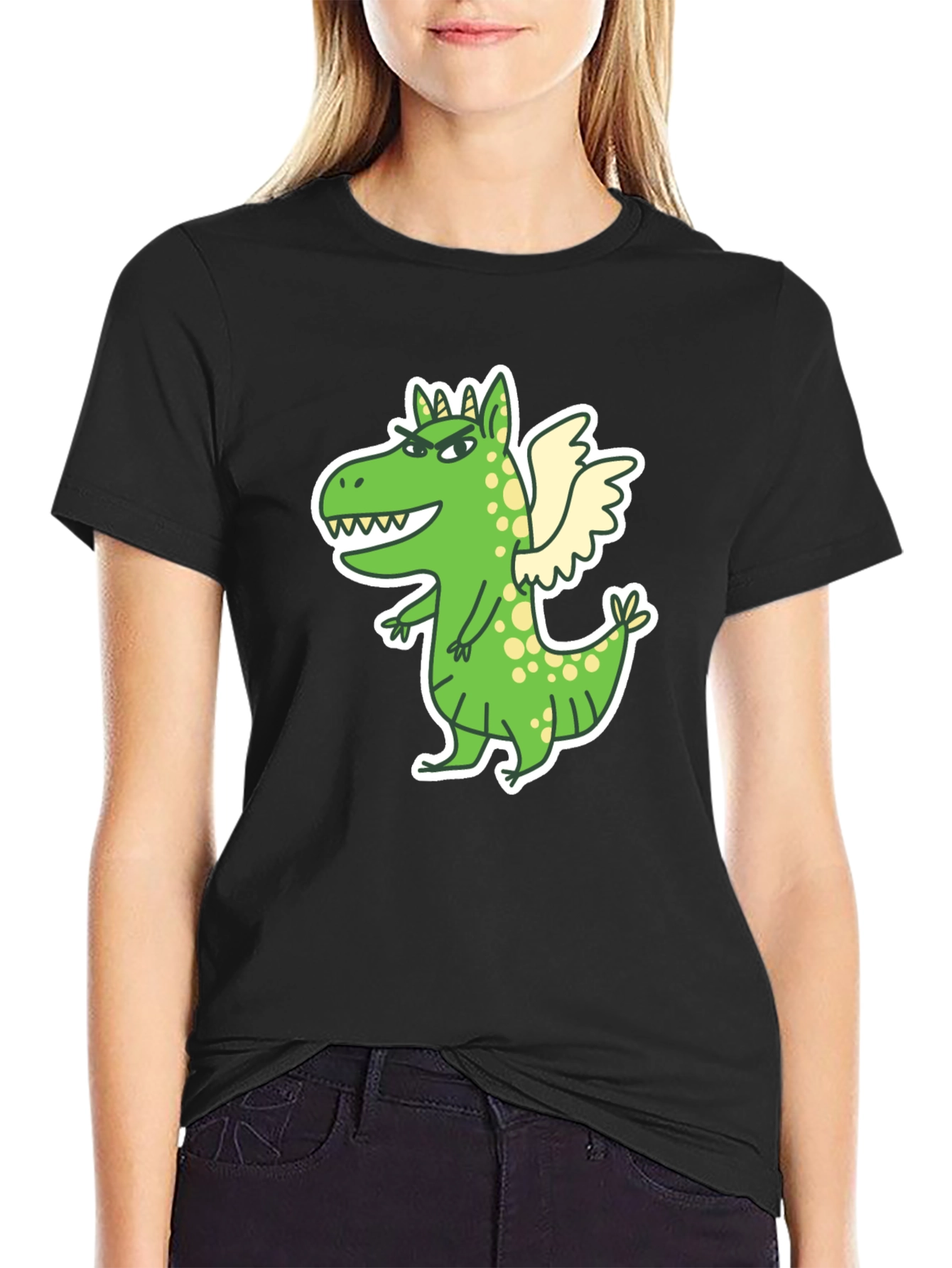 Black Dragon Cartoon Print Black T-Shirt view 2