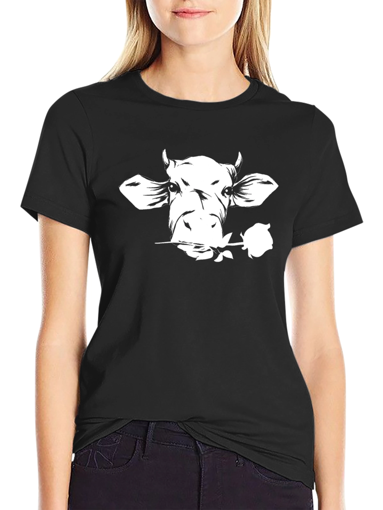 Black Cow with Rose Graphic Tee - Black Unisex T-Shirt view 2