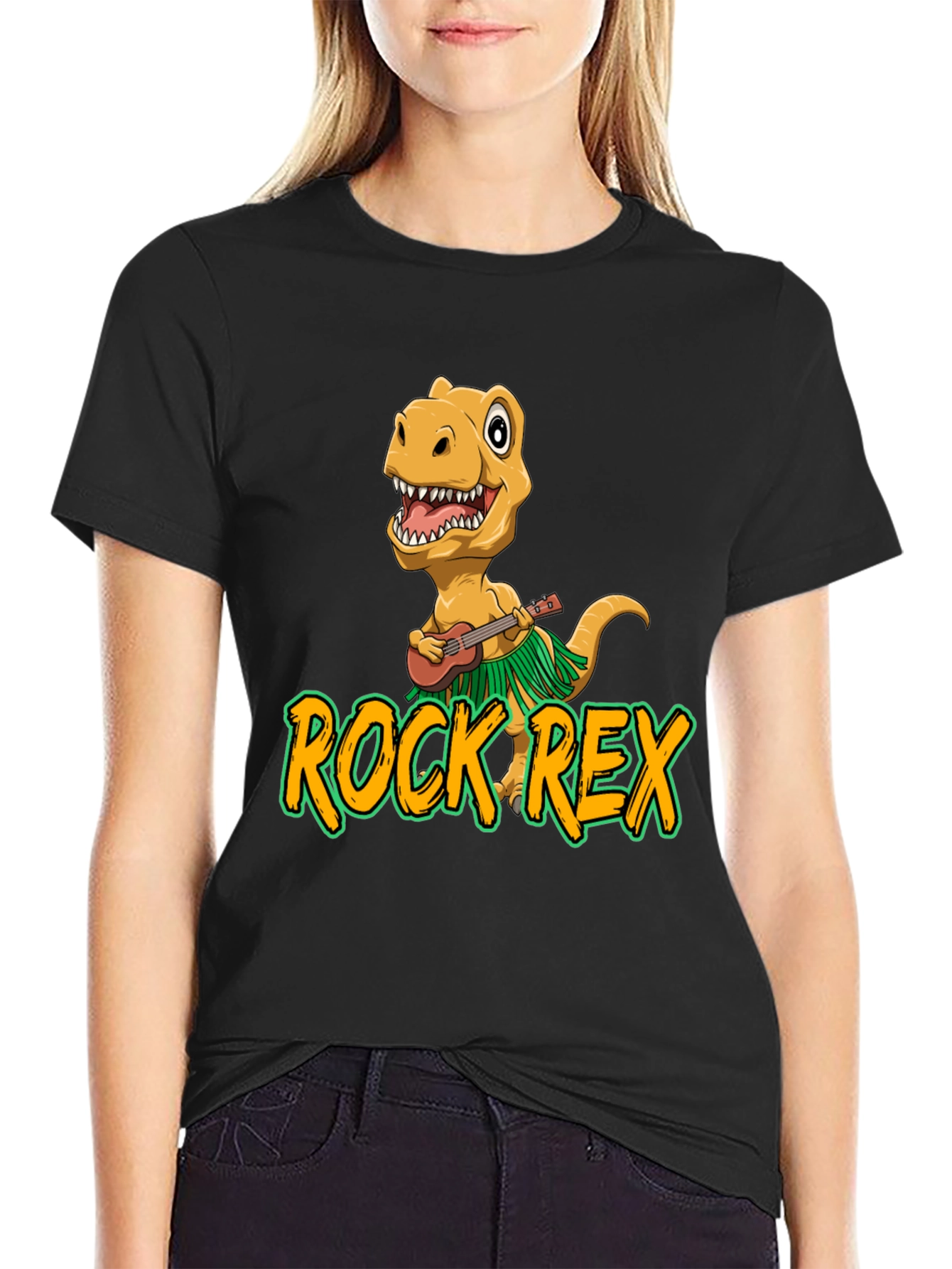 Black Rock Rex T-Shirt - Dinosaur Ukulele Design view 2