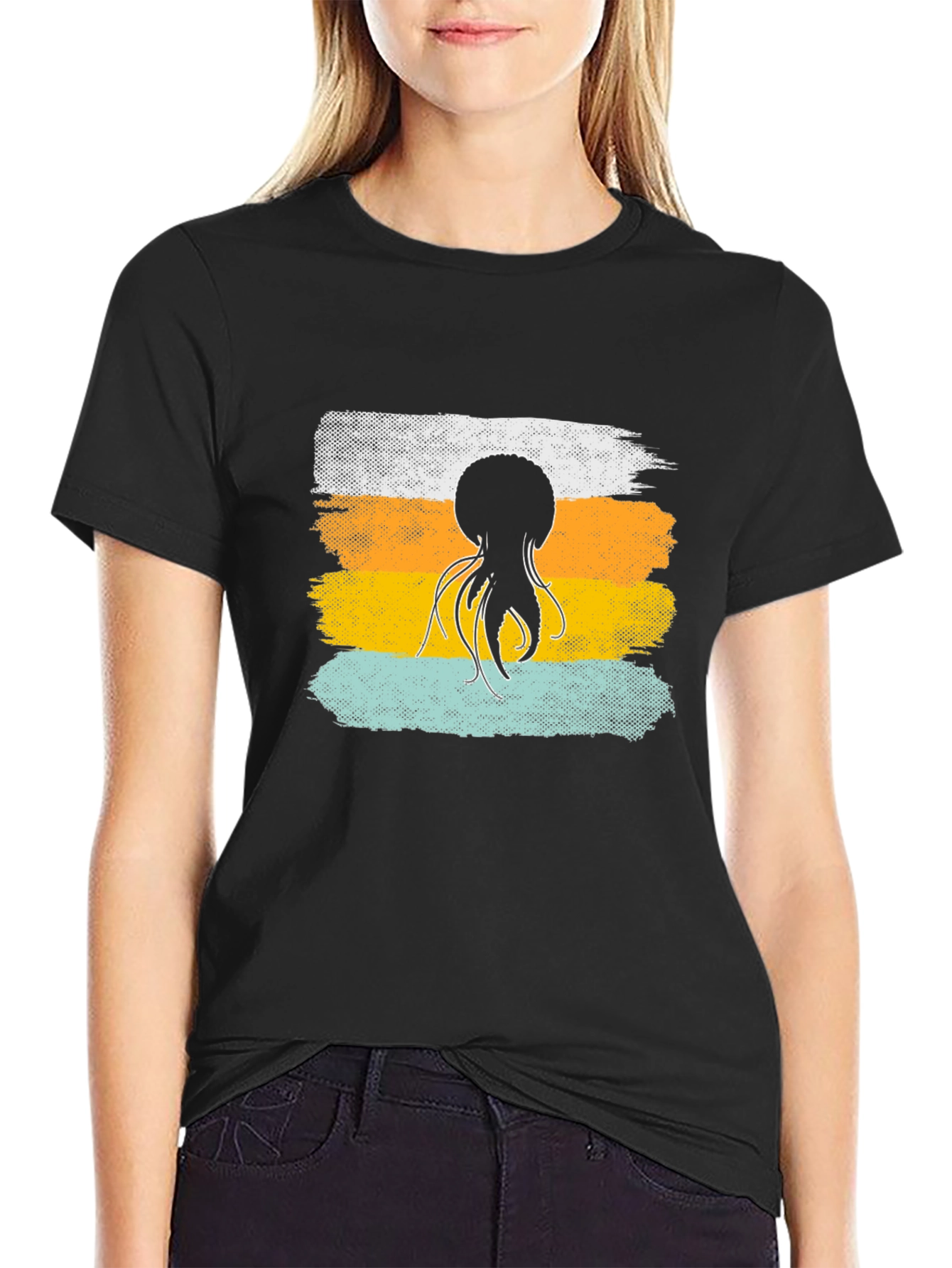 Black Octopus Retro Stripe T-Shirt, Soft Cotton Graphic Tee view 2