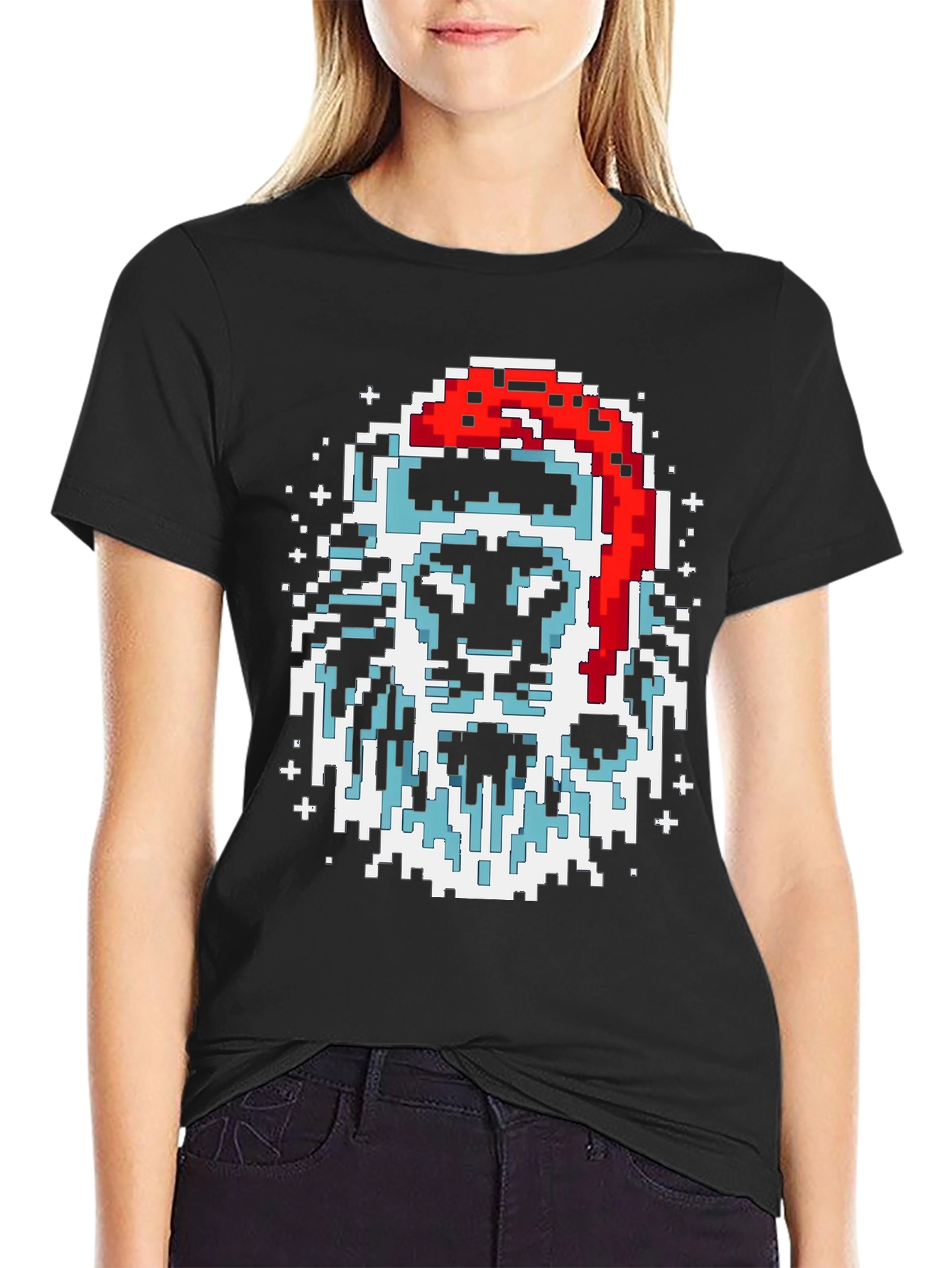 Black Pixel Santa Lion Graphic Tee - Black view 2