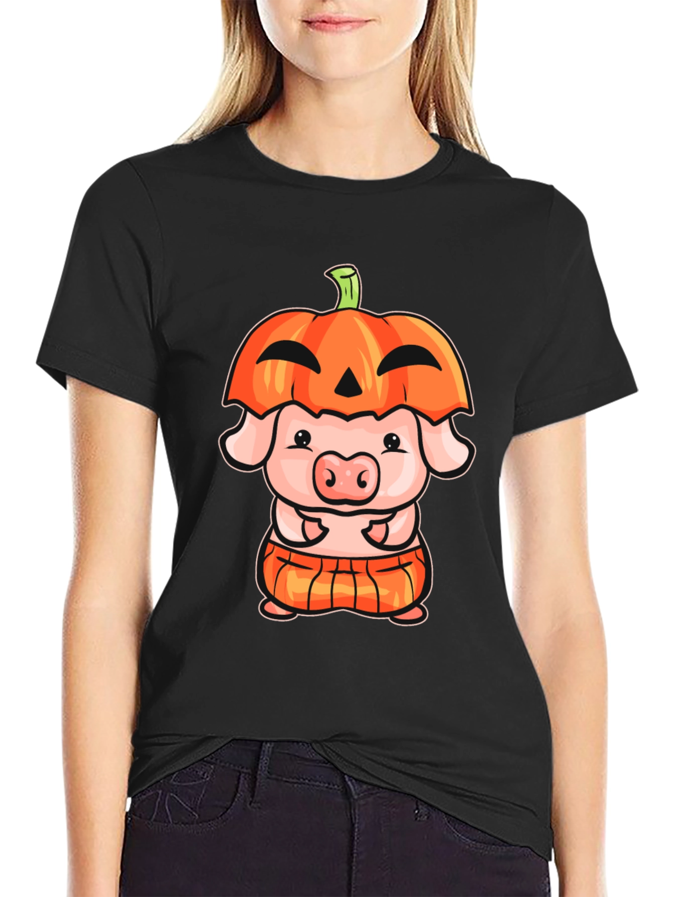 Black Cute Pig in Pumpkin Costume Graphic T-Shirt view 2