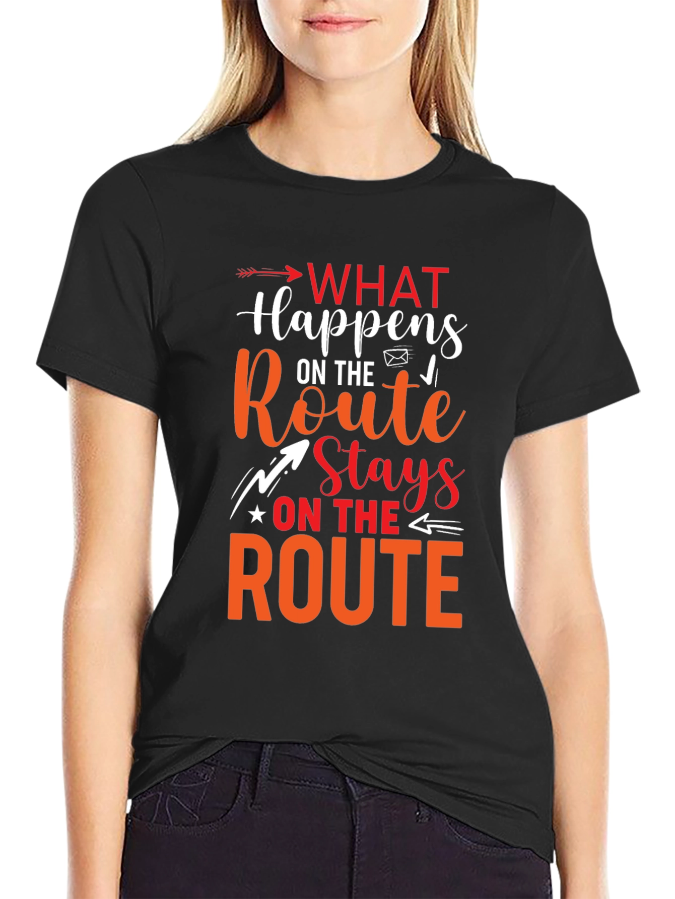 Black What Happens On The Route Stays Graphic T-Shirt view 2