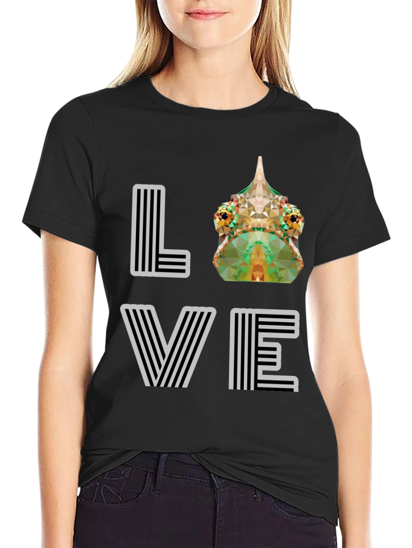 Black Geometric Chameleon 'LOVE' Graphic Tee - Modern Style view 2