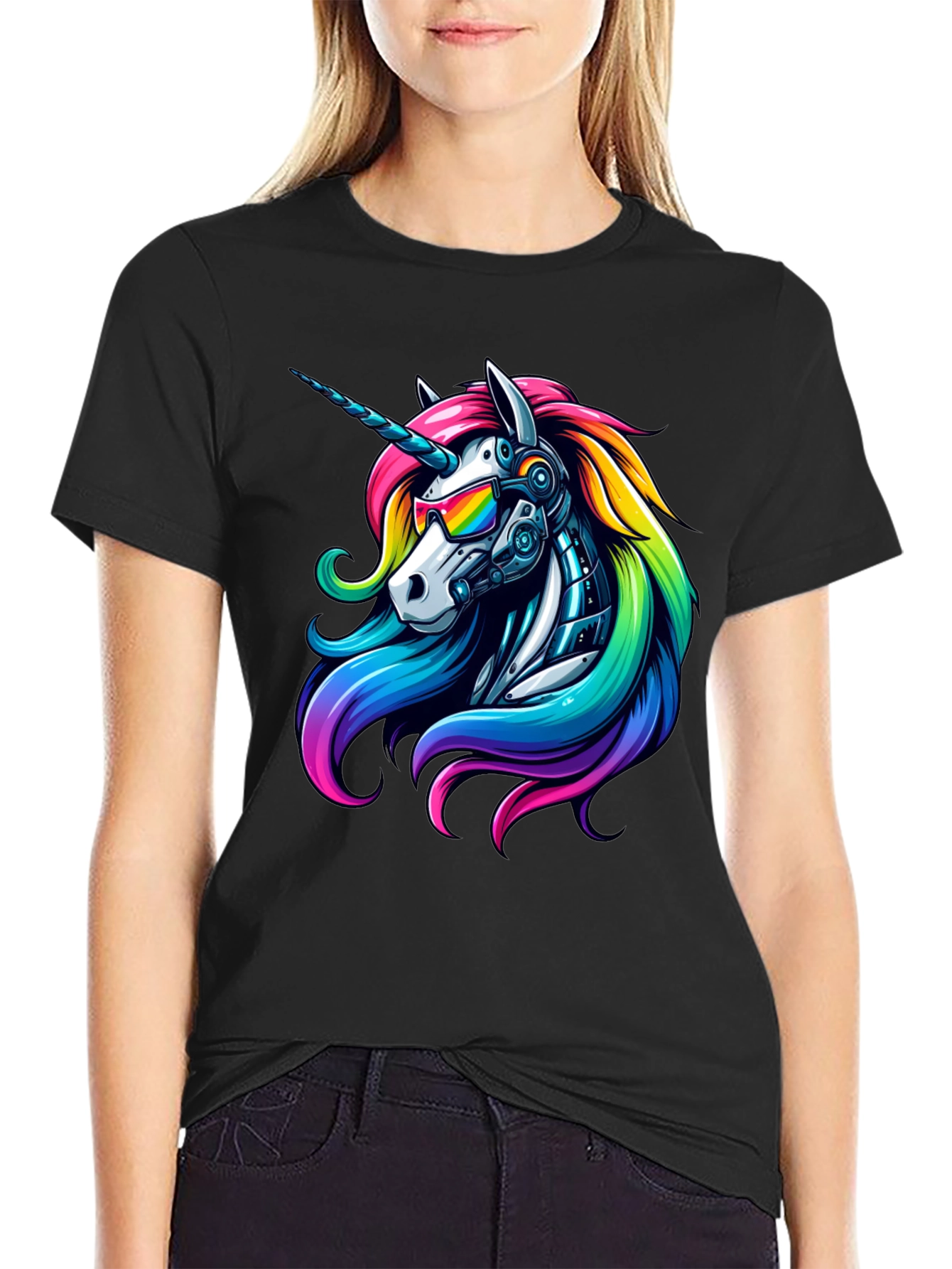 Black Cyberpunk Unicorn Graphic Tee view 2