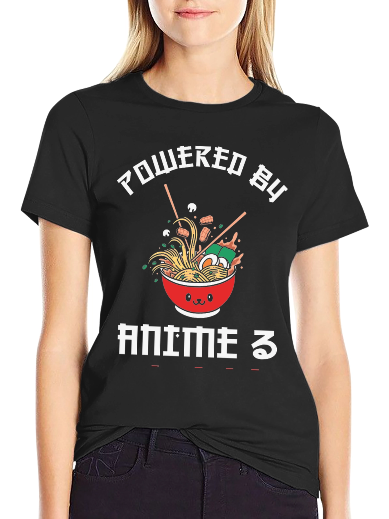 Black Powered by Anime T-Shirt - Ramen Bowl Design view 2