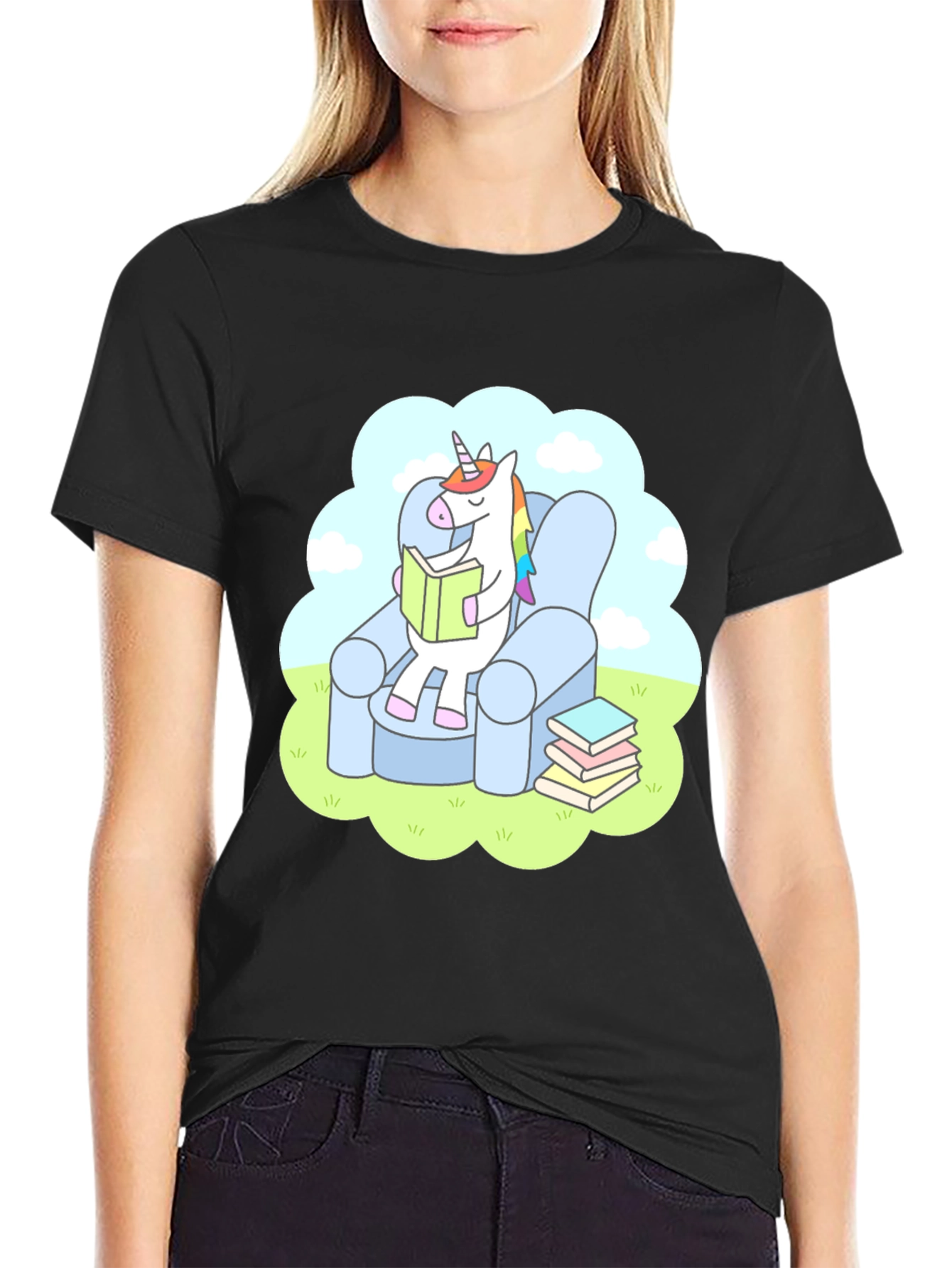Black Unicorn Reading T-Shirt - Comfy Cotton Tee view 2