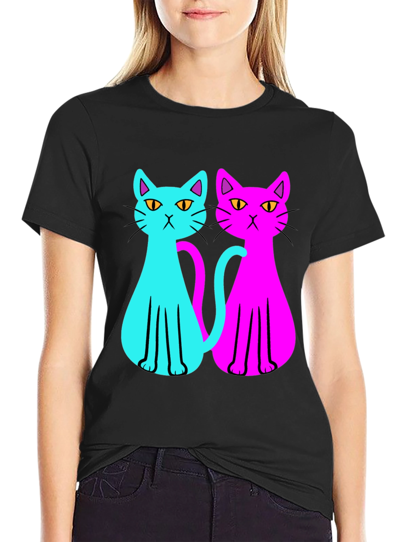 Black Cool Cat Tee: Neon Style view 2