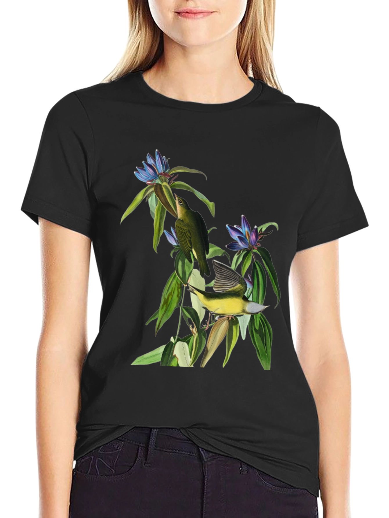 Black Vintage Botanical Bird Graphic Tee view 2
