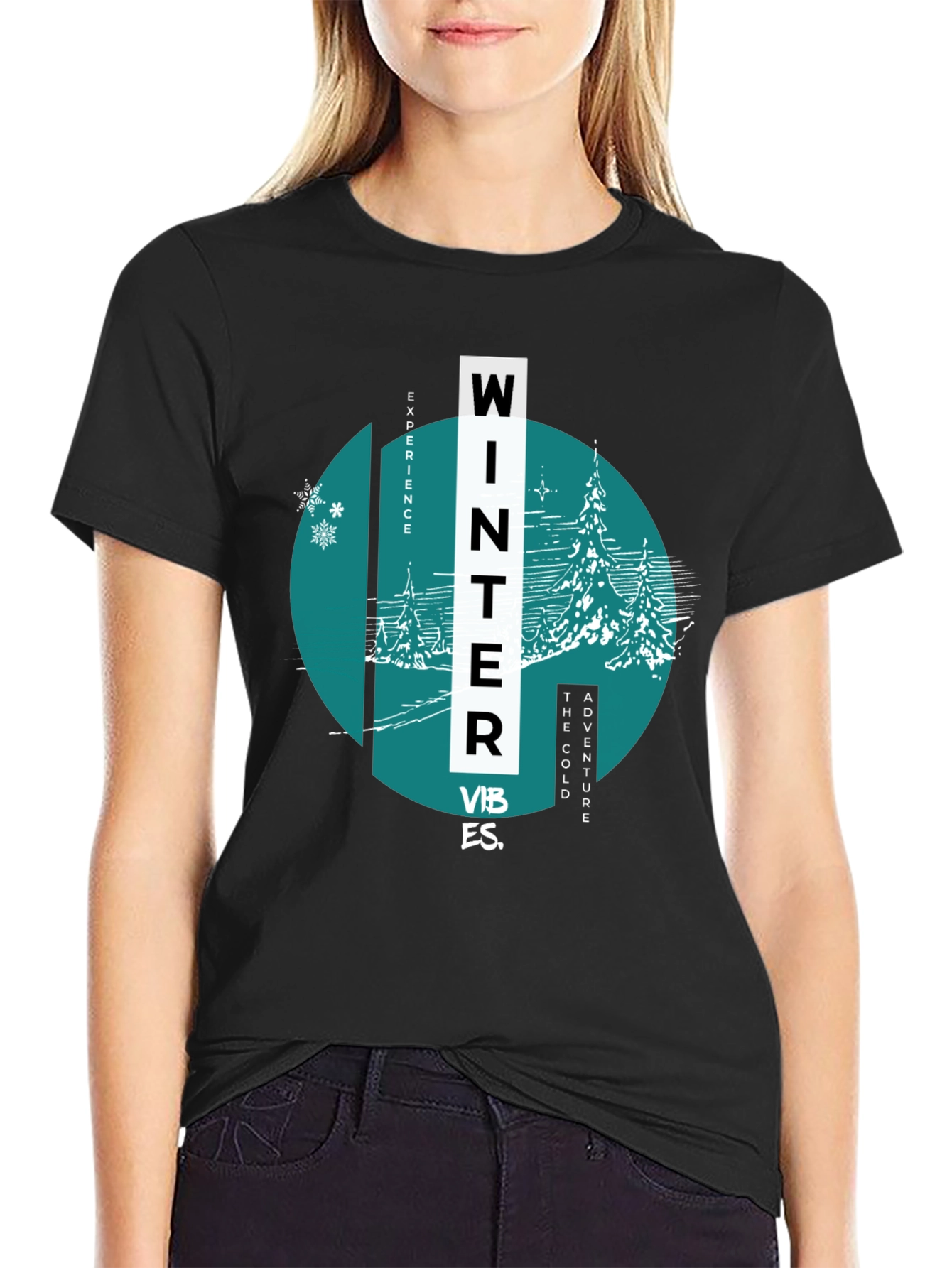 Black Winter Vibes Graphic Tee - Black Cotton Blend view 2