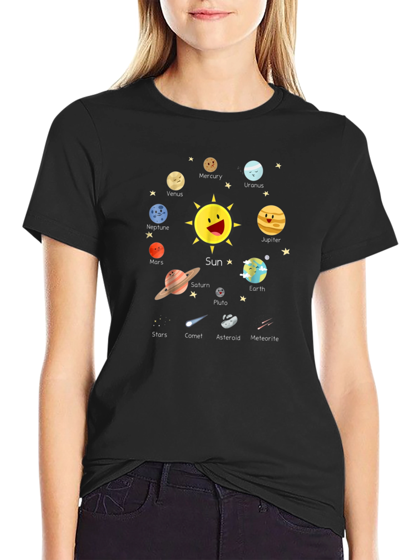 Black Solar System Planets Graphic Black T-Shirt view 2
