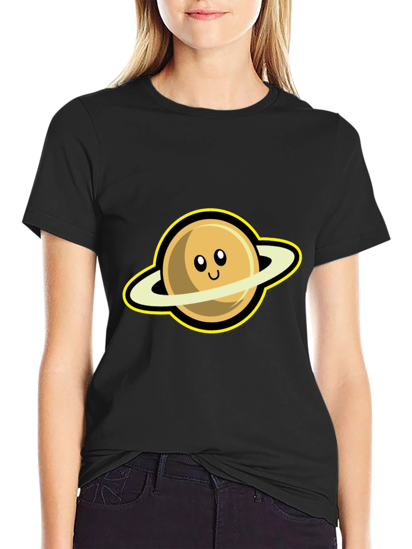 Black Cute Saturn Graphic Tee - Black Short Sleeve Shirt view 2