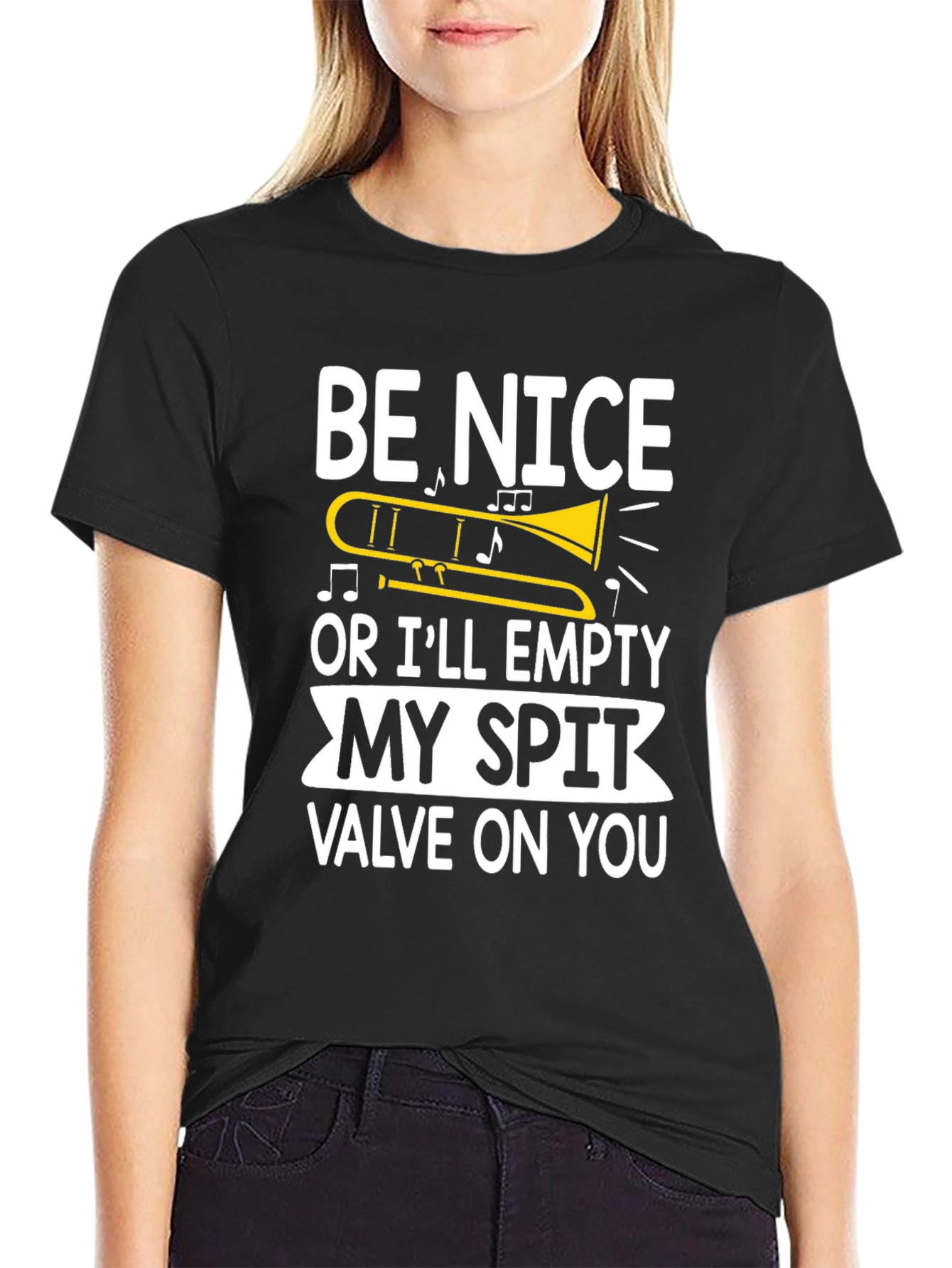 Black Funny Trombone Player T-Shirt - Be Nice or Else! view 2