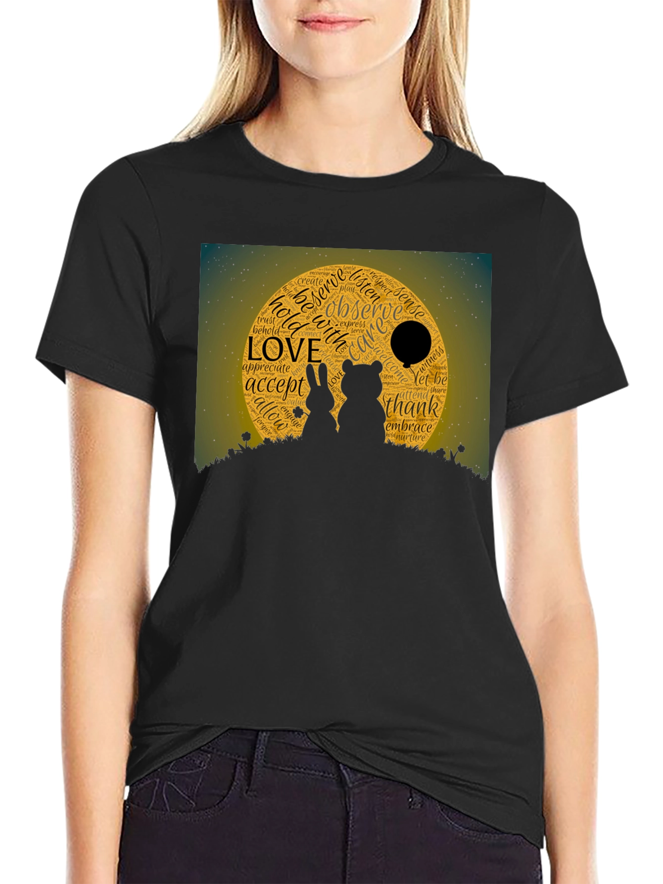 Black Love Word Cloud T-Shirt: Bear & Rabbit Design view 2