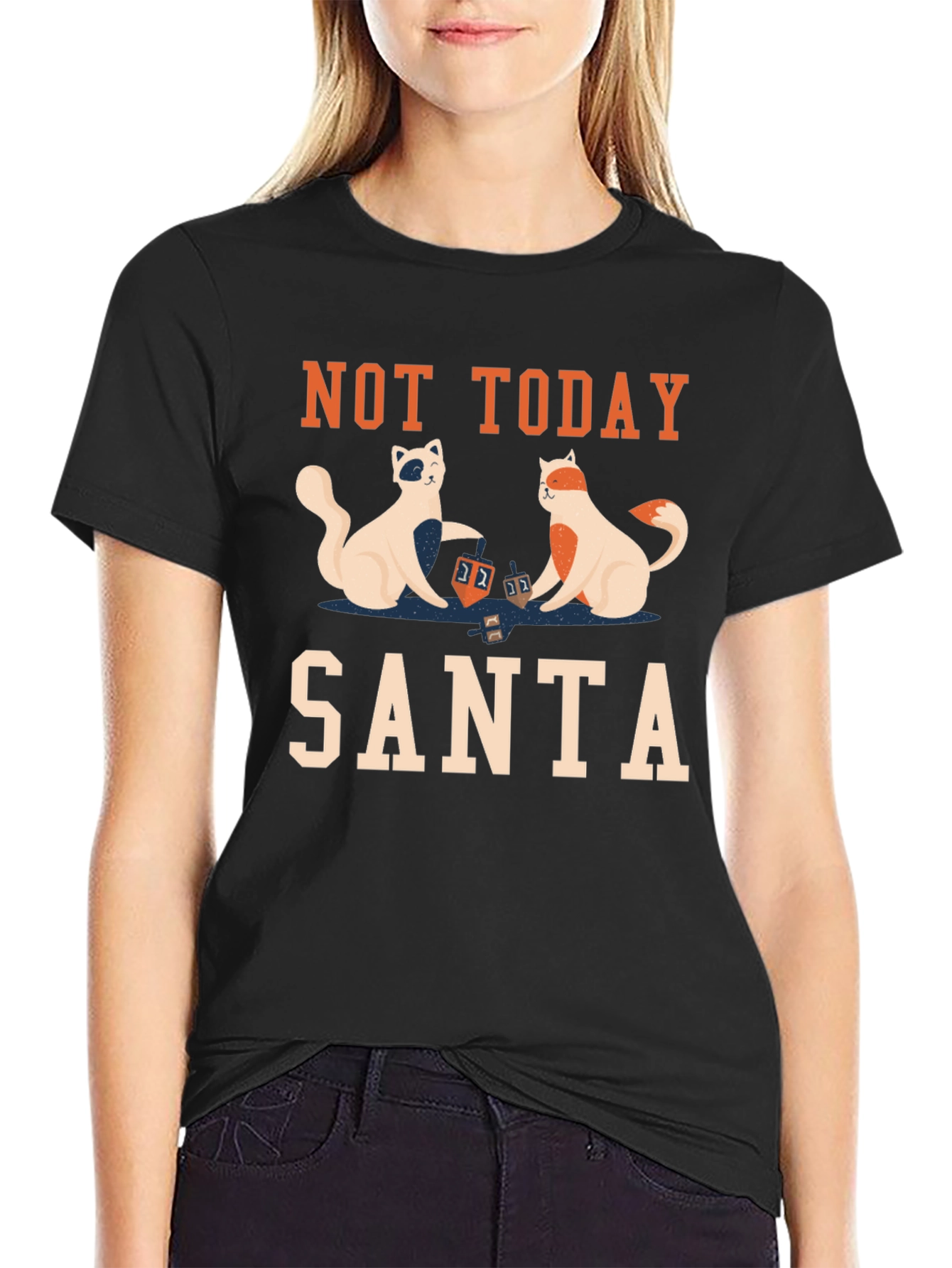 Black Not Today Santa T-Shirt with Cats Playing Dreidel view 2