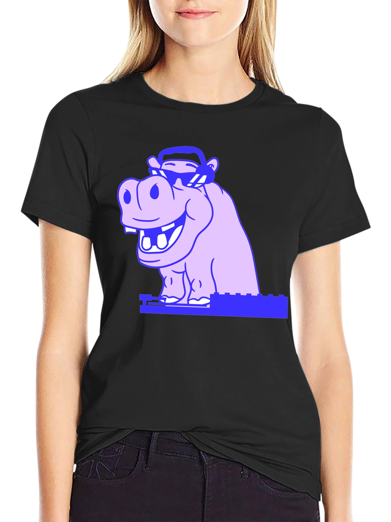 Black Cool Hippo Graphic Tee - Unisex Black T-Shirt view 2