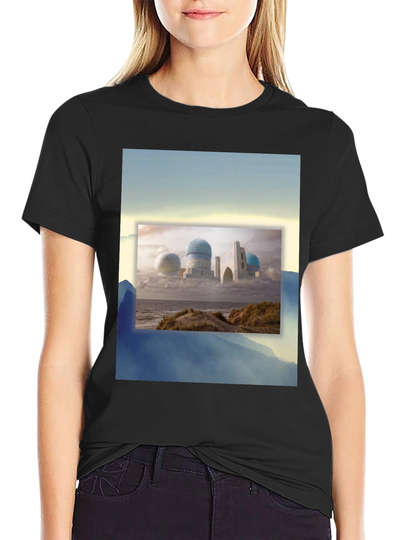 Black Dreamscape Tee: Unique Graphic Print, Soft Cotton Blend view 2