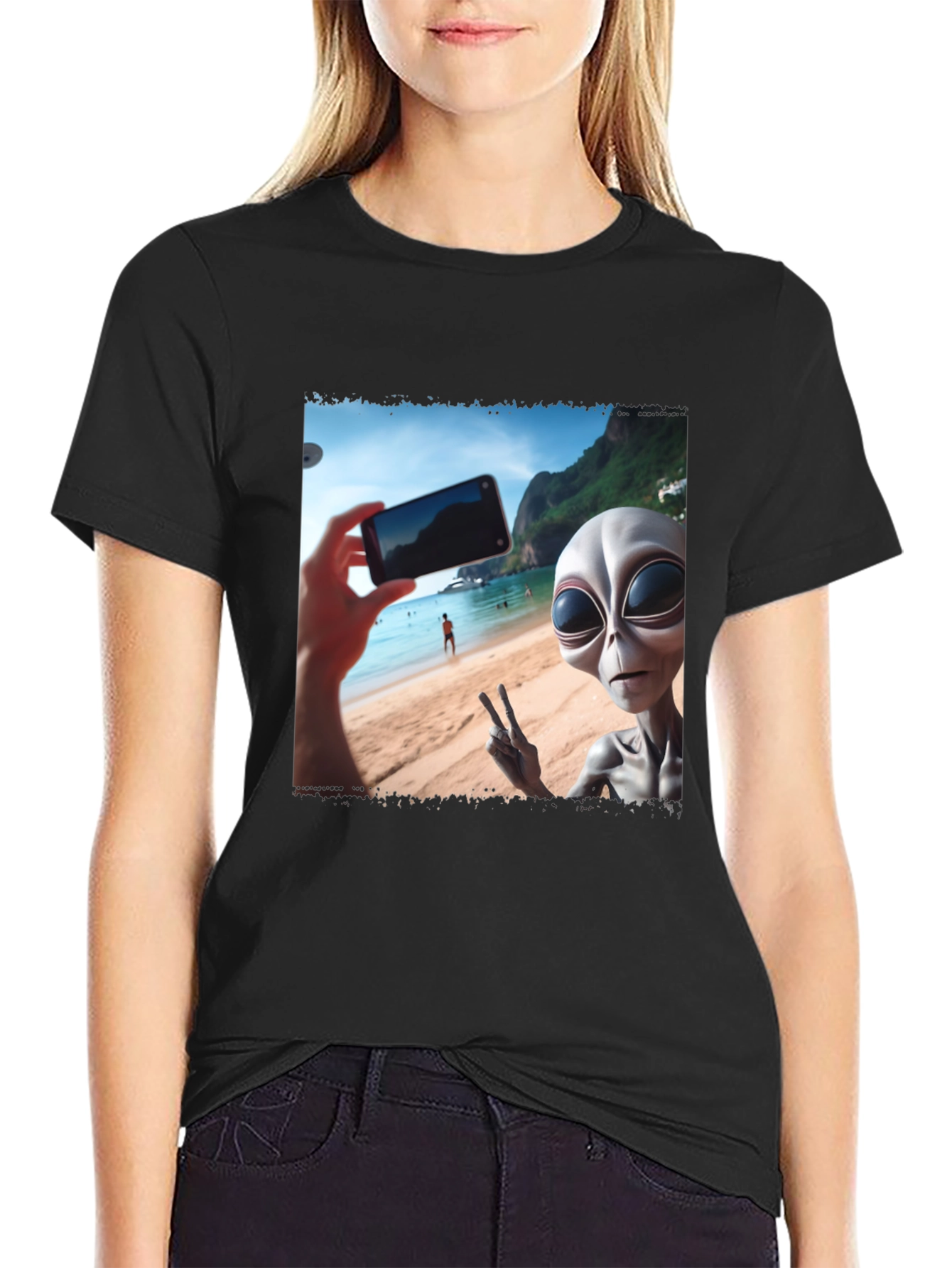 Black Alien Selfie T-Shirt - Beach Vacation view 2