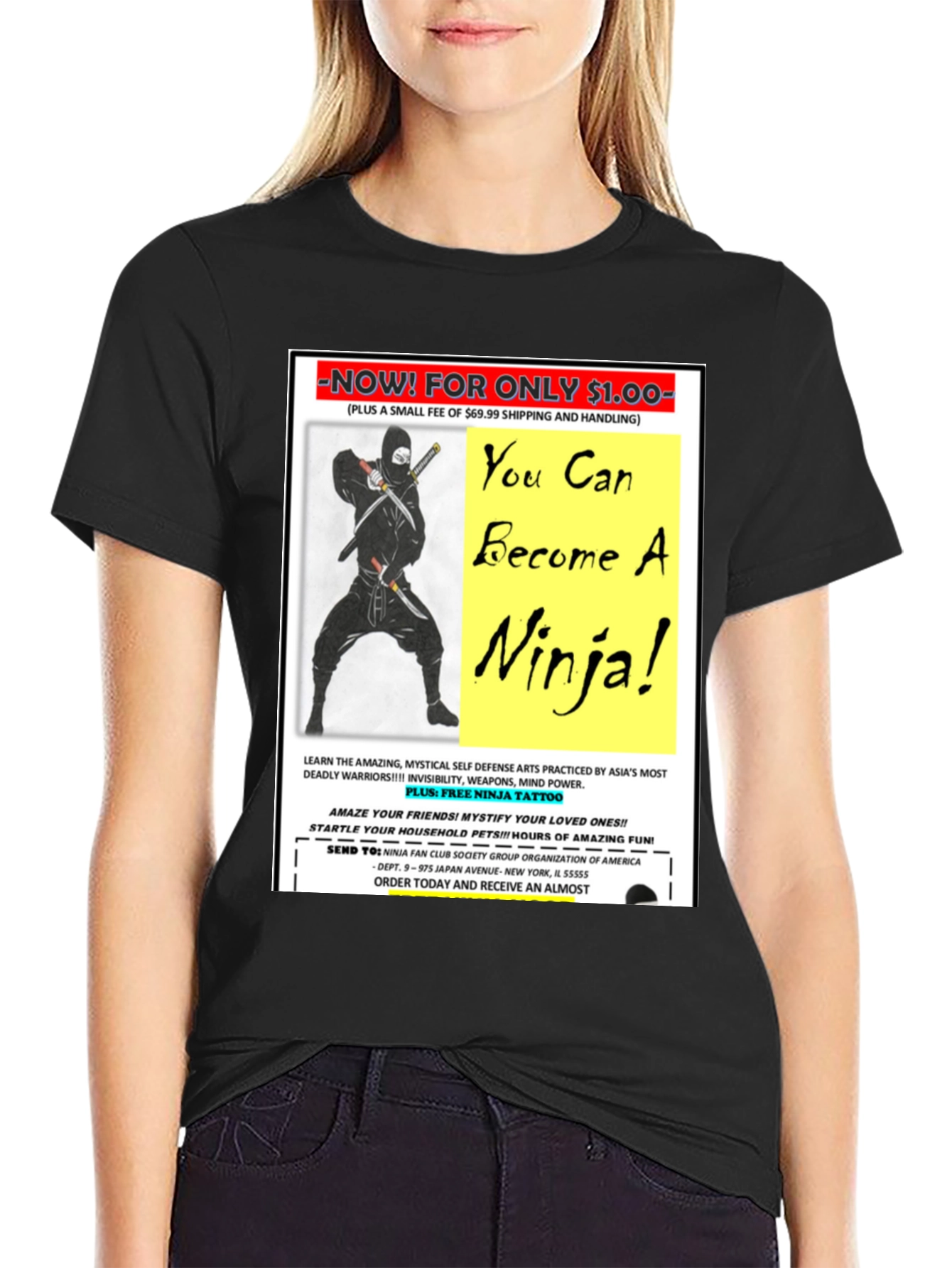 Black Become A Ninja! Novelty Graphic T-Shirt view 2