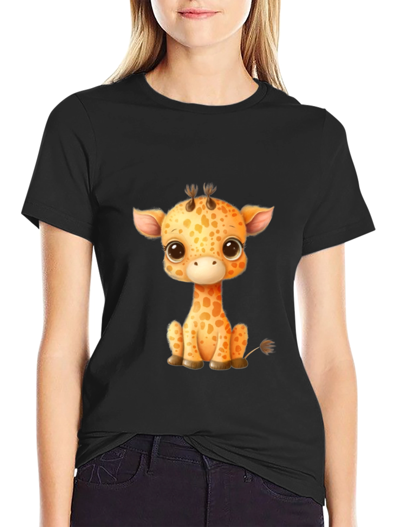Black Cute Giraffe Graphic T-Shirt - Unisex view 2
