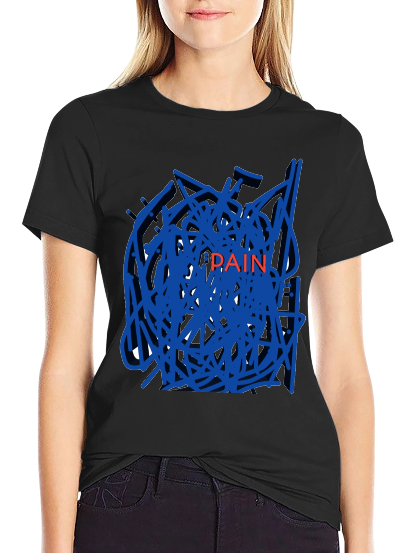 Black Edgy "Pain" Graphic Black T-Shirt view 2