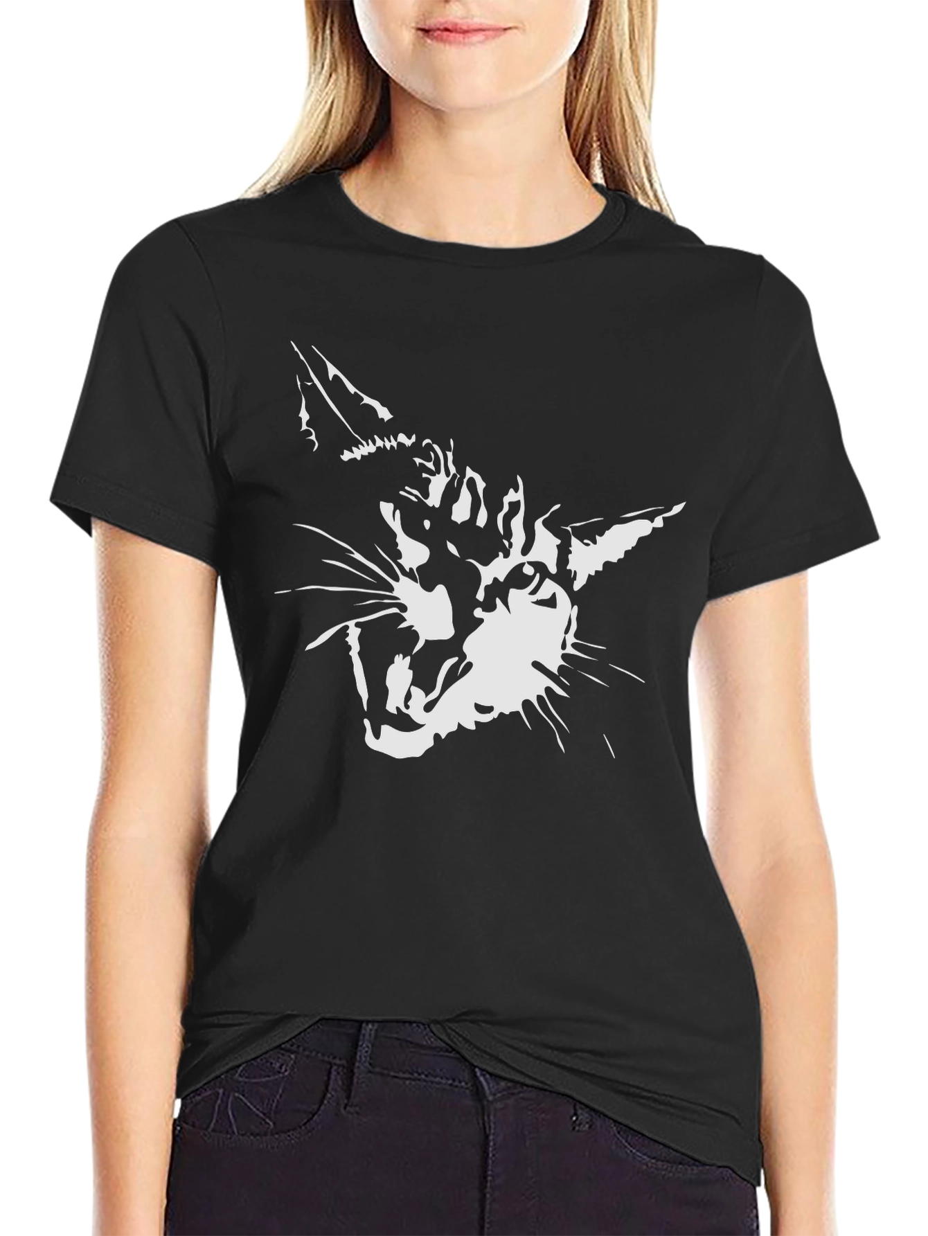 Black Cool Cat Graphic Print Men's Black T-Shirt view 2