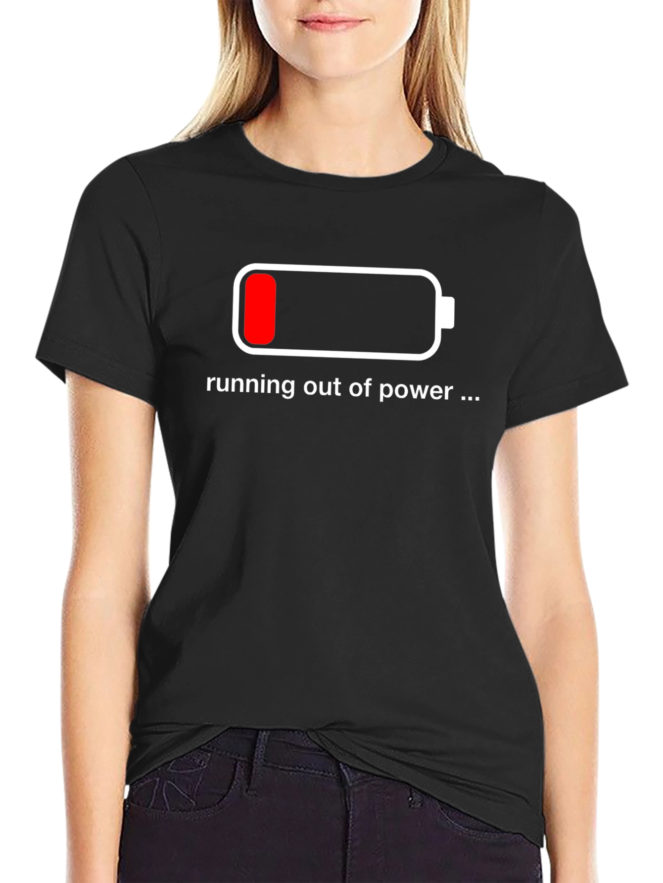 Black Running Out of Power T-Shirt - Low Battery Design view 2