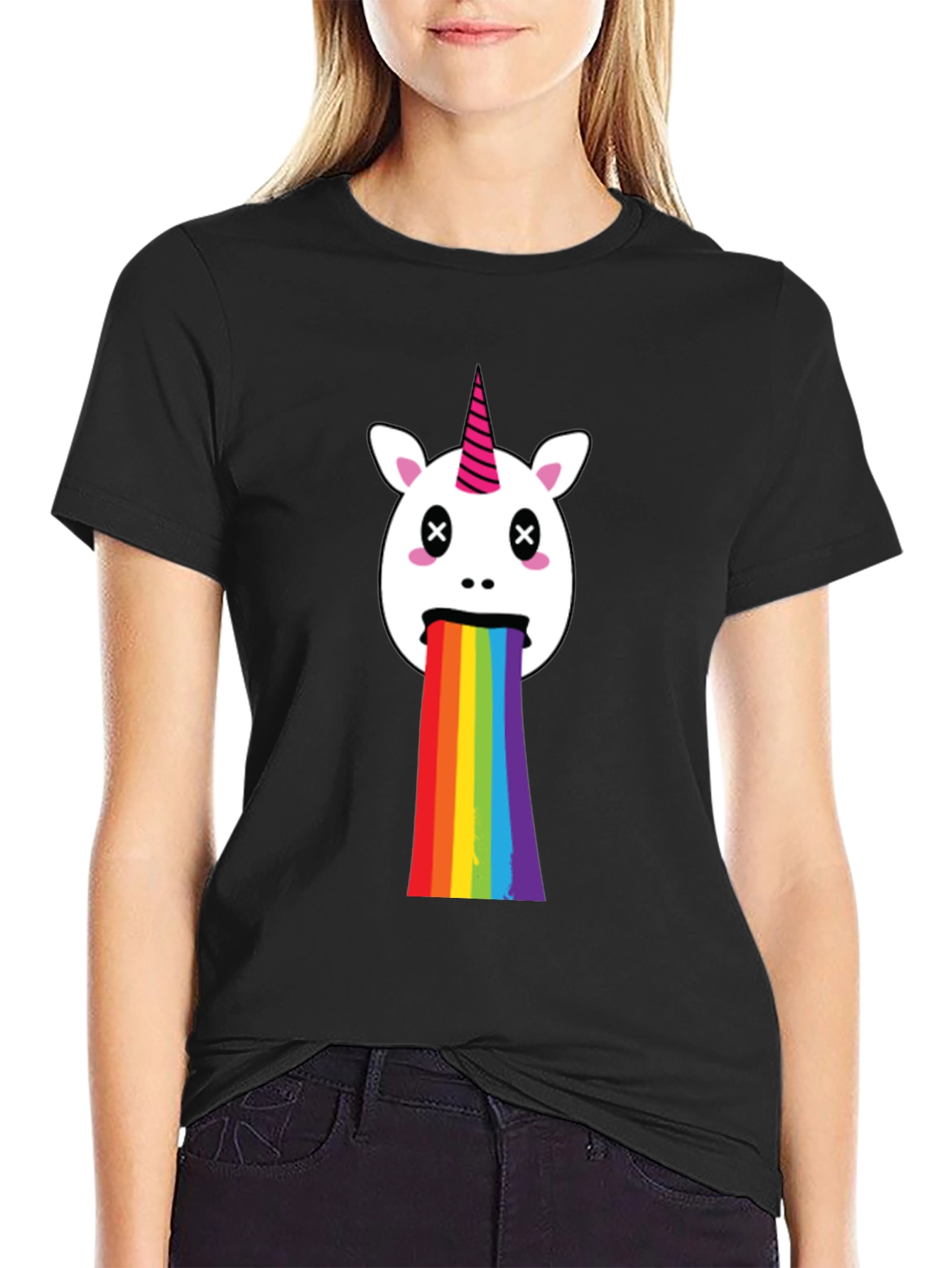 Black Unicorn Rainbow Puke Graphic Tee view 2