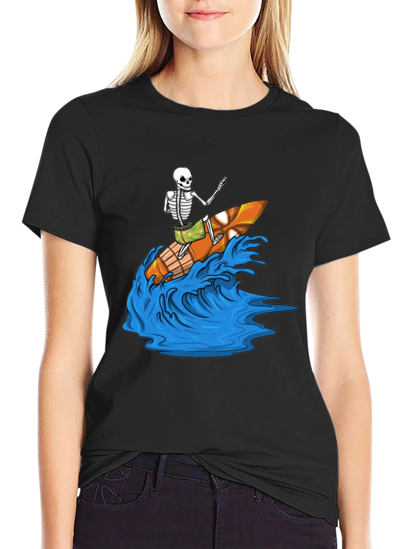 Black Surfing Skeleton Graphic Tee - Black view 2